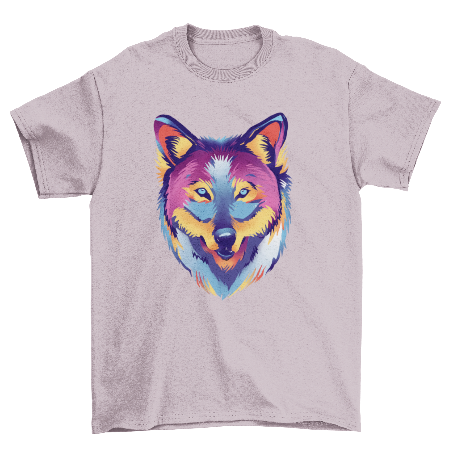 A vibrant t-shirt featuring a colorful wolf design, showcasing various hues and artistic details, perfect for wildlife enthusiasts.