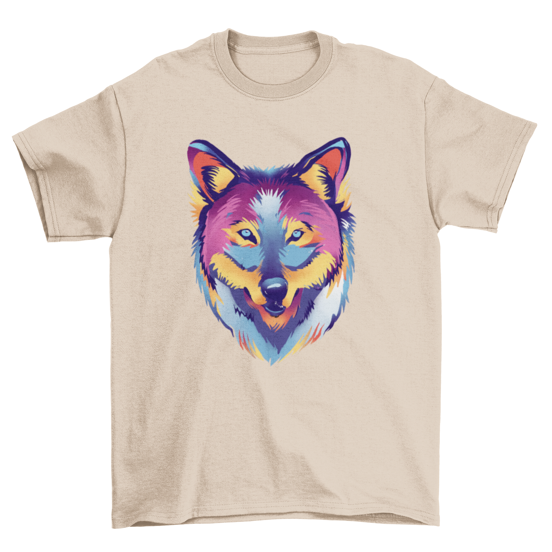 A vibrant t-shirt featuring a colorful wolf design, showcasing various hues and artistic details, perfect for wildlife enthusiasts.