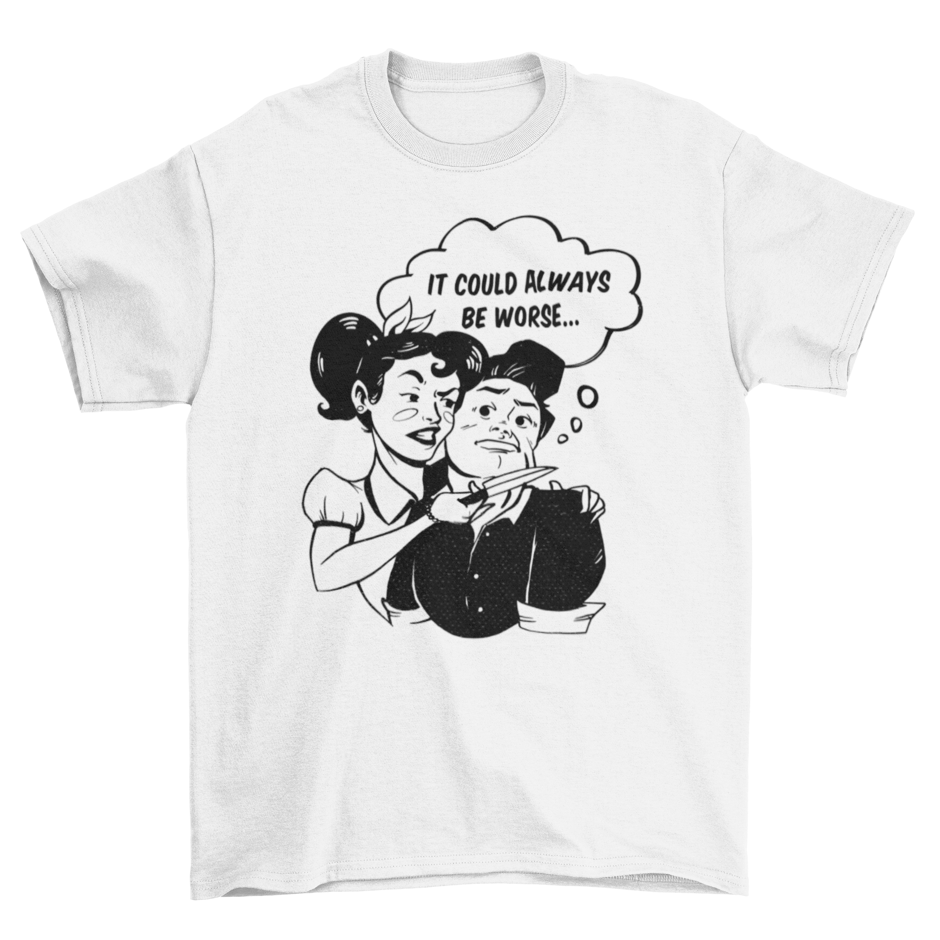 Comic Threat T-Shirt featuring a woman with a knife threatening a man, showcasing a humorous illustration.