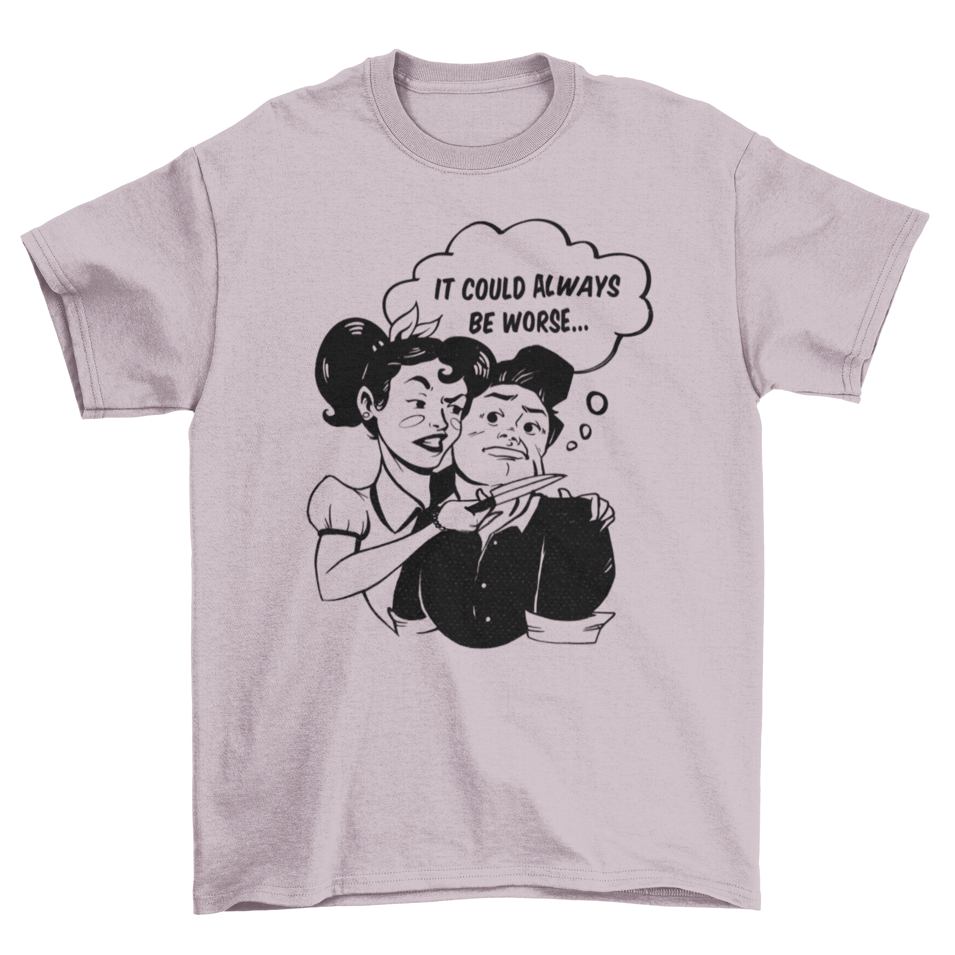 Comic Threat T-Shirt featuring a woman with a knife threatening a man, showcasing a humorous illustration.