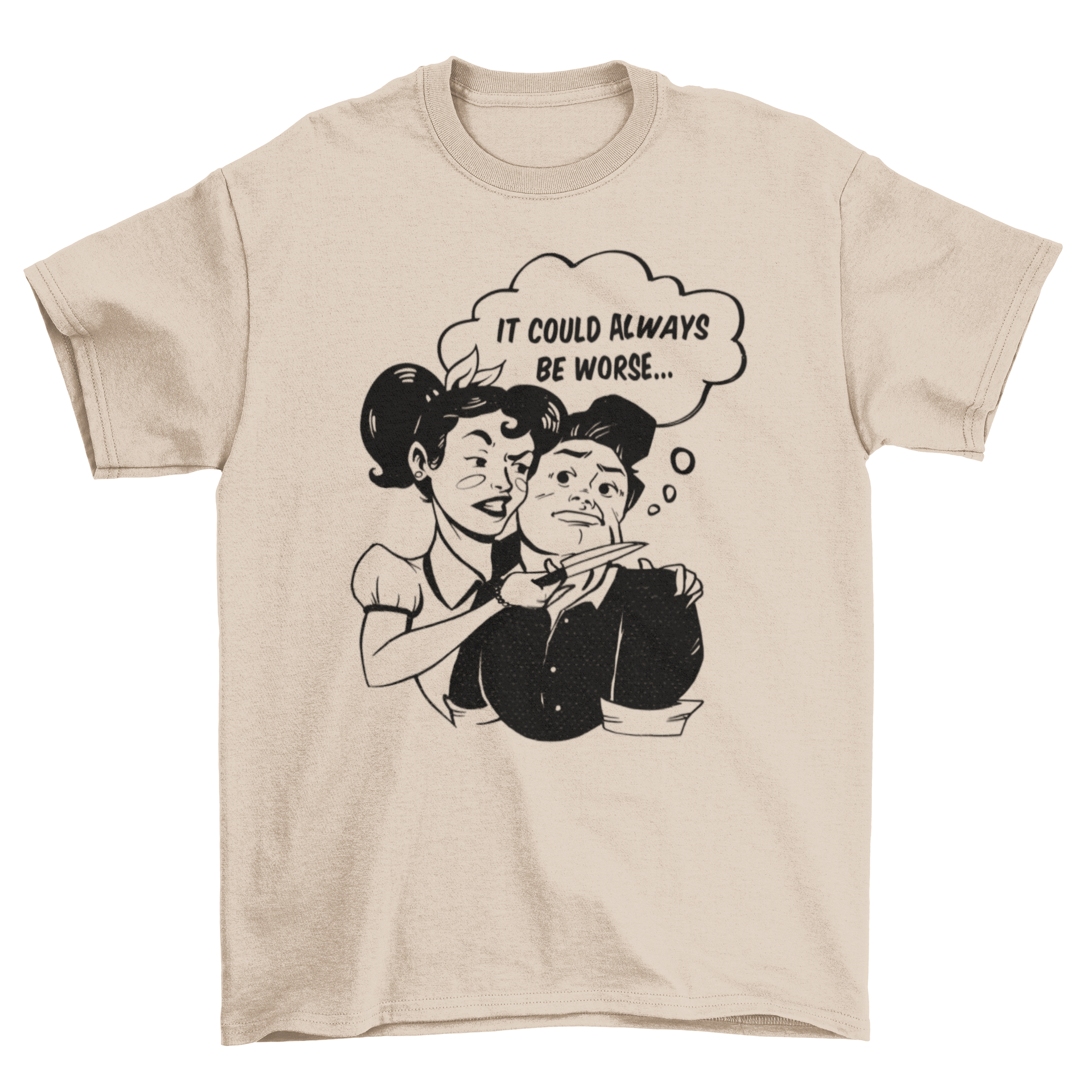 Comic Threat T-Shirt featuring a woman with a knife threatening a man, showcasing a humorous illustration.