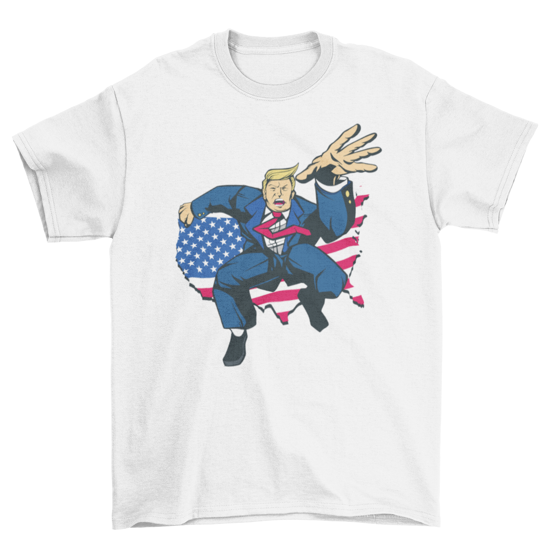 Comic Trump T-shirt featuring a colorful illustration of Donald Trump in a playful comic style, perfect for casual wear.