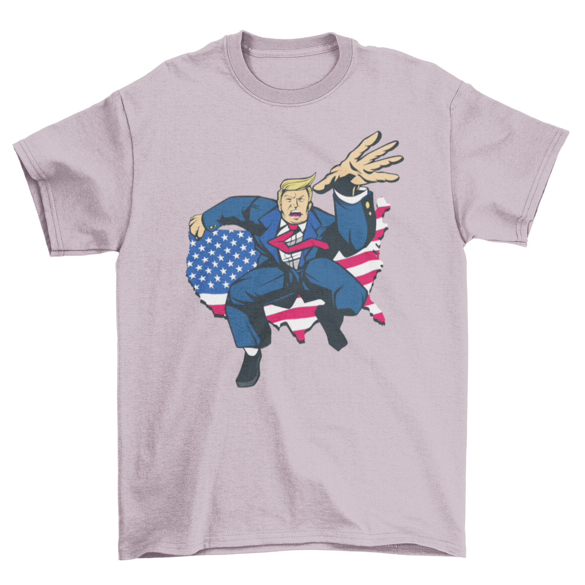 Comic Trump T-shirt featuring a colorful illustration of Donald Trump in a playful comic style, perfect for casual wear.