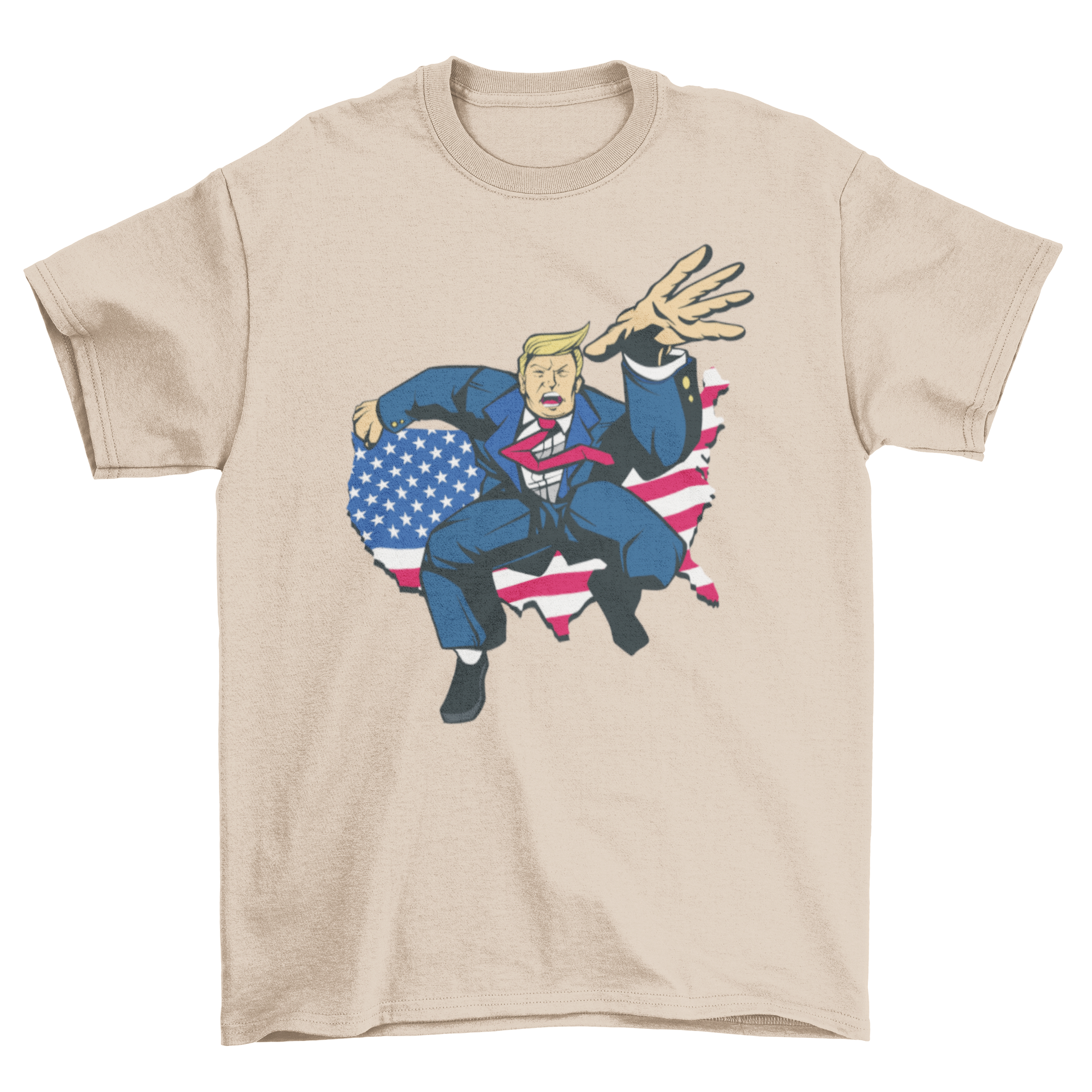 Comic Trump T-shirt featuring a colorful illustration of Donald Trump in a playful comic style, perfect for casual wear.