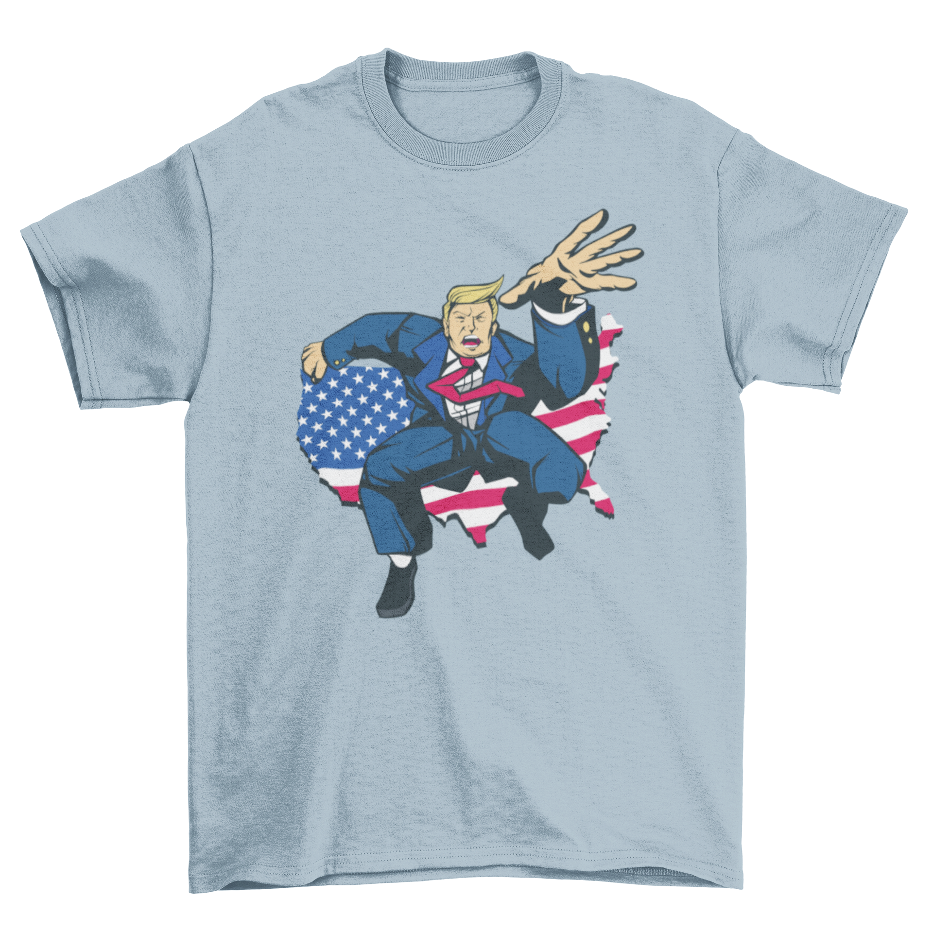 Comic Trump T-shirt featuring a colorful illustration of Donald Trump in a playful comic style, perfect for casual wear.