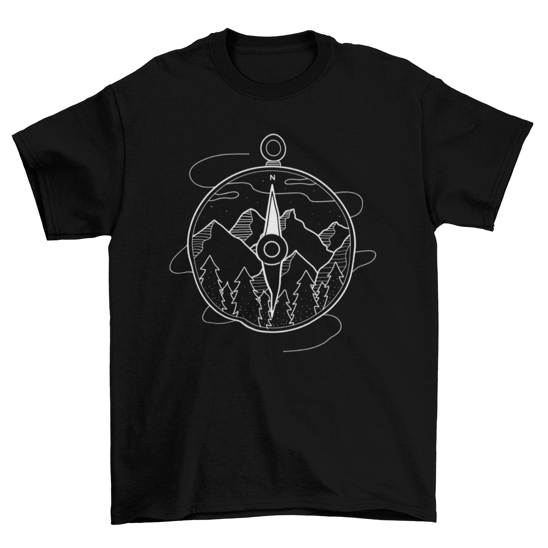 A stylish t-shirt featuring a compass design surrounded by mountains and trees, perfect for outdoor enthusiasts.