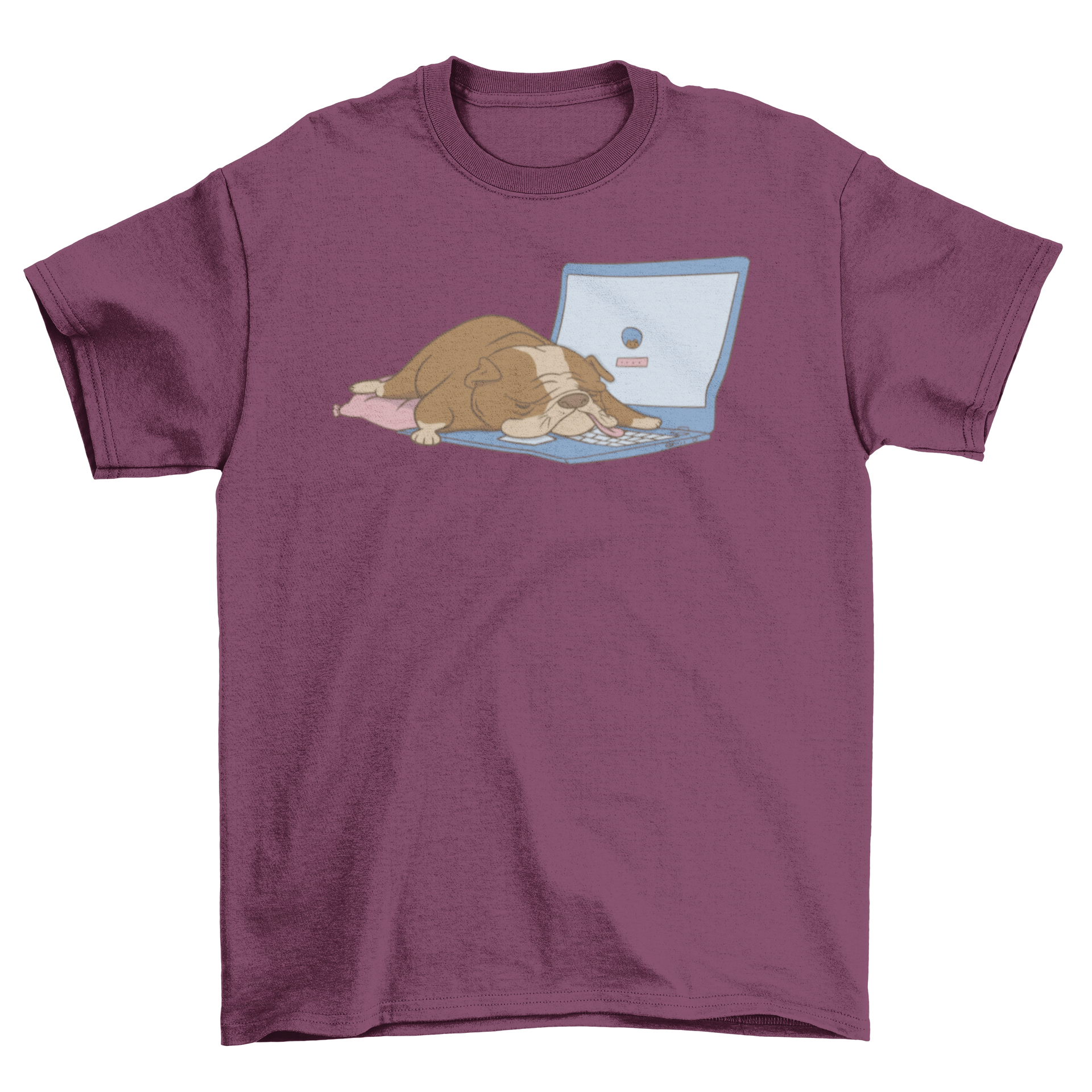 A stylish t-shirt featuring a bulldog sleeping on a laptop, perfect for dog lovers.