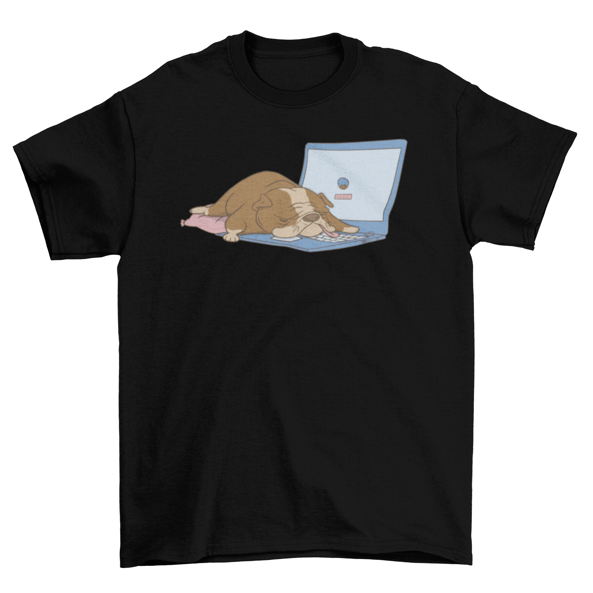 A stylish t-shirt featuring a bulldog sleeping on a laptop, perfect for dog lovers.