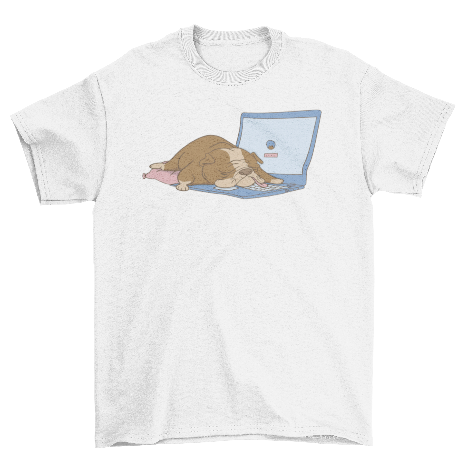 A stylish t-shirt featuring a bulldog sleeping on a laptop, perfect for dog lovers.