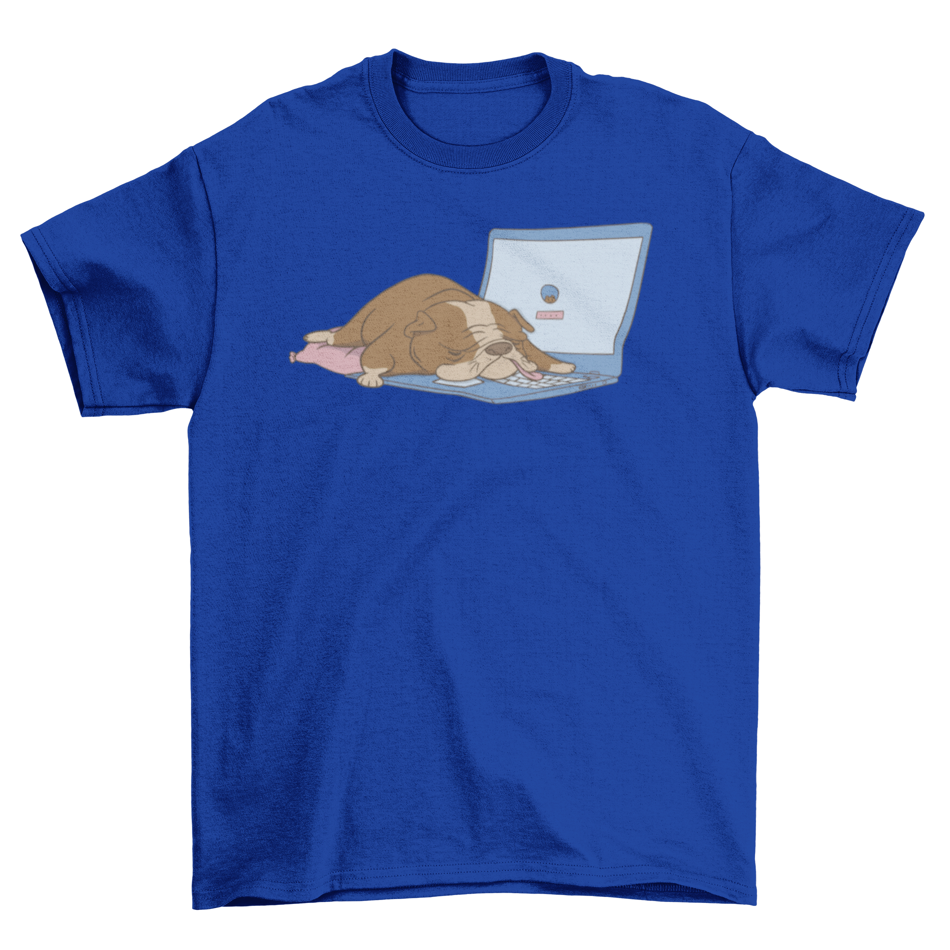 A stylish t-shirt featuring a bulldog sleeping on a laptop, perfect for dog lovers.