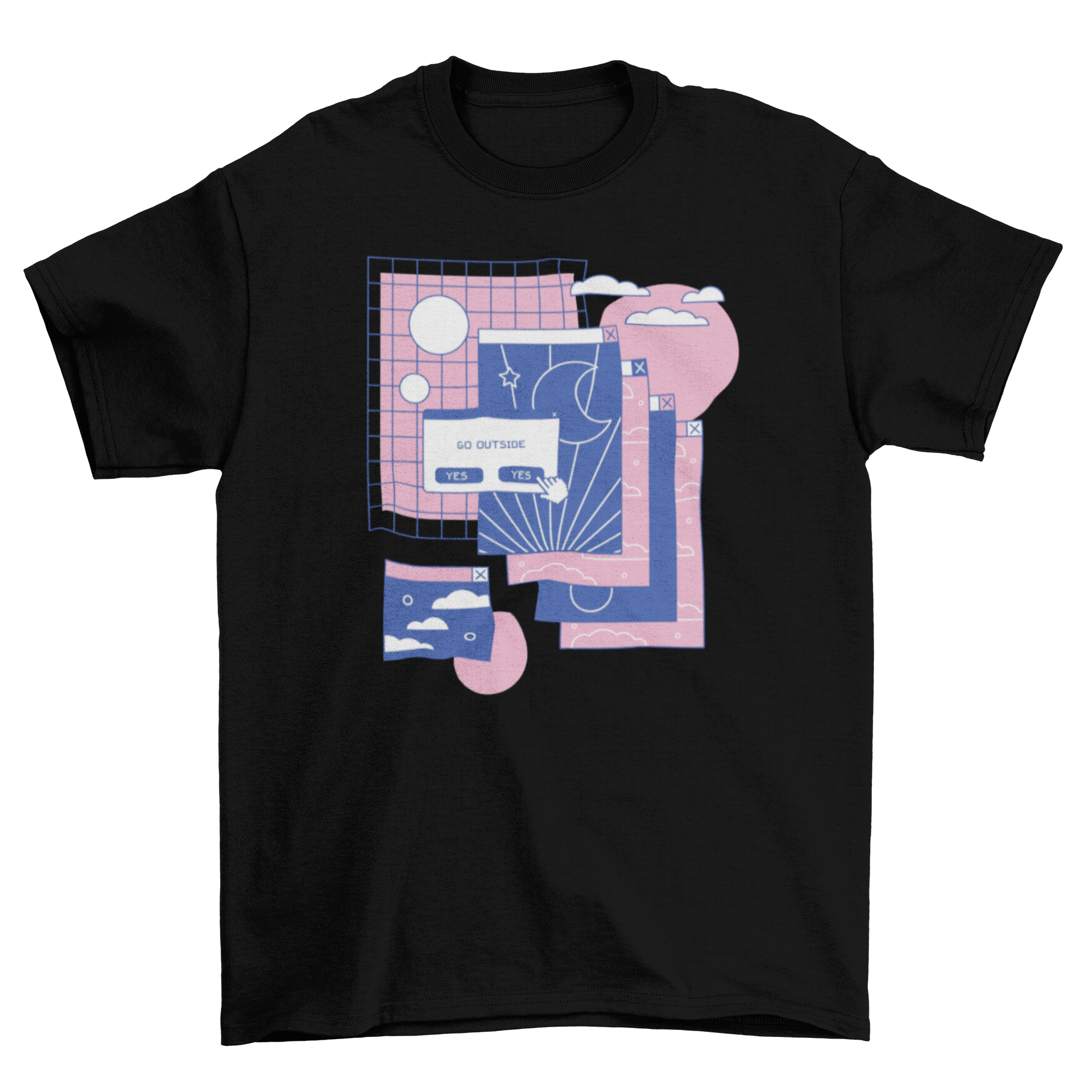 A stylish vaporwave t-shirt featuring colorful computer tab graphics, perfect for retro fashion lovers.