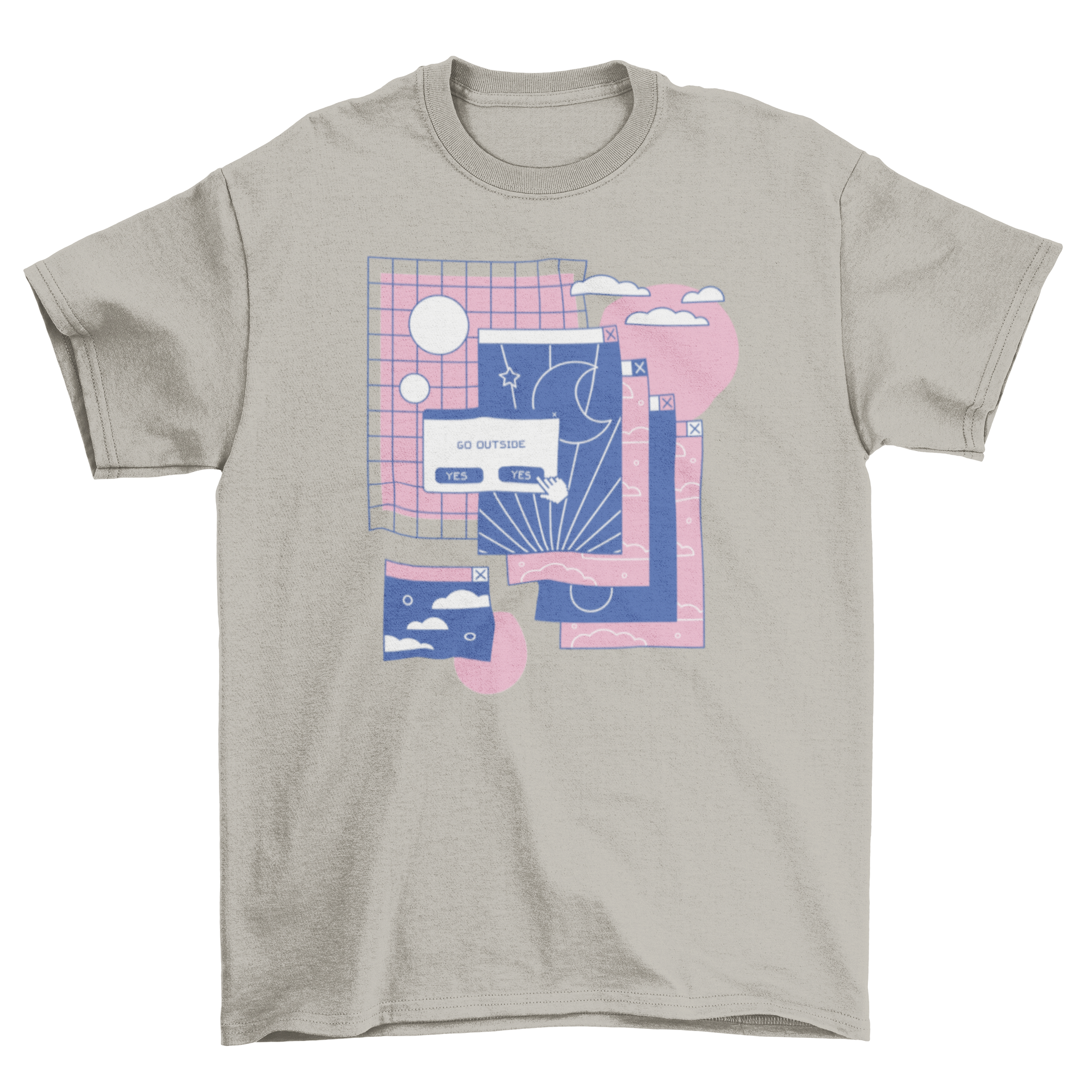 A stylish vaporwave t-shirt featuring colorful computer tab graphics, perfect for retro fashion lovers.