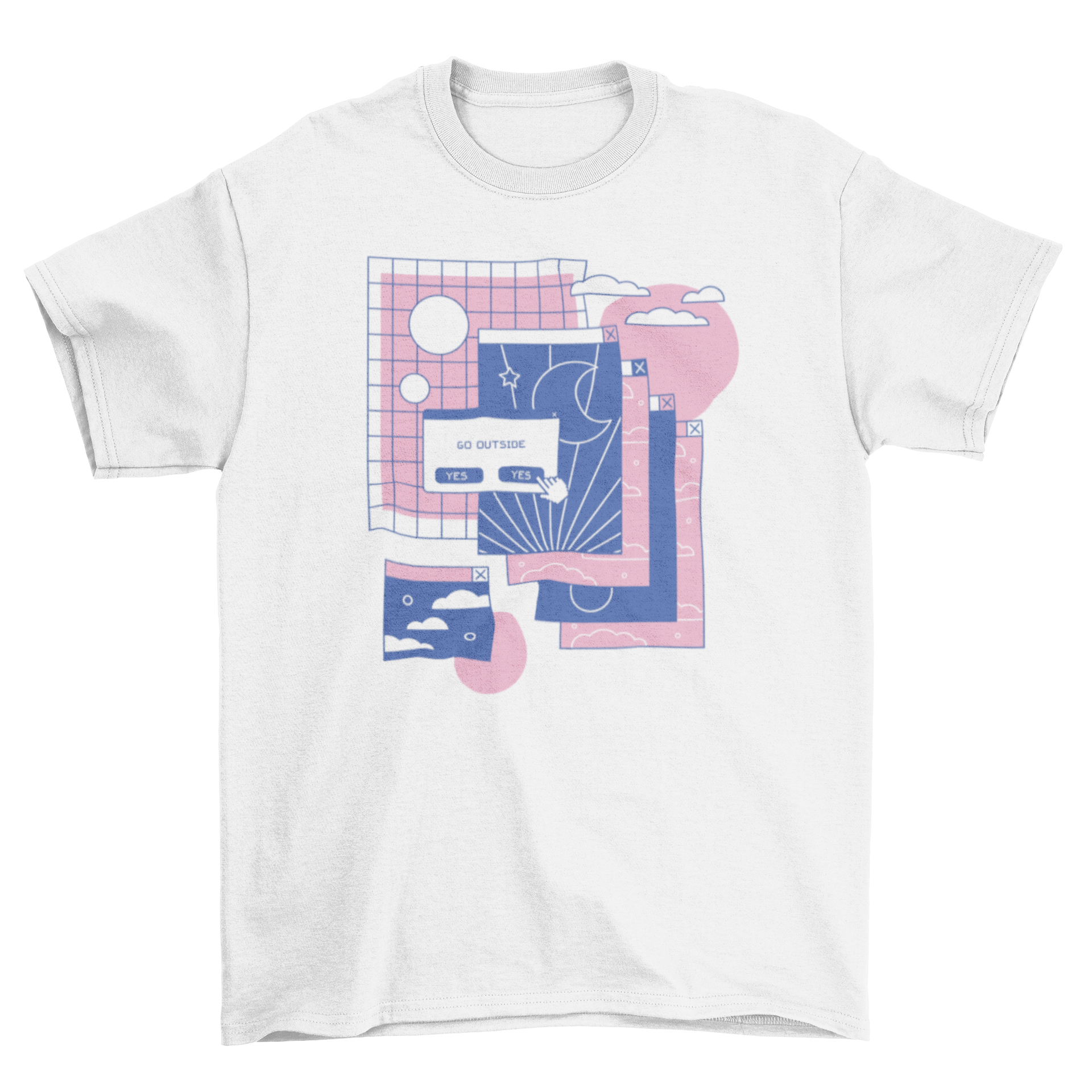 A stylish vaporwave t-shirt featuring colorful computer tab graphics, perfect for retro fashion lovers.