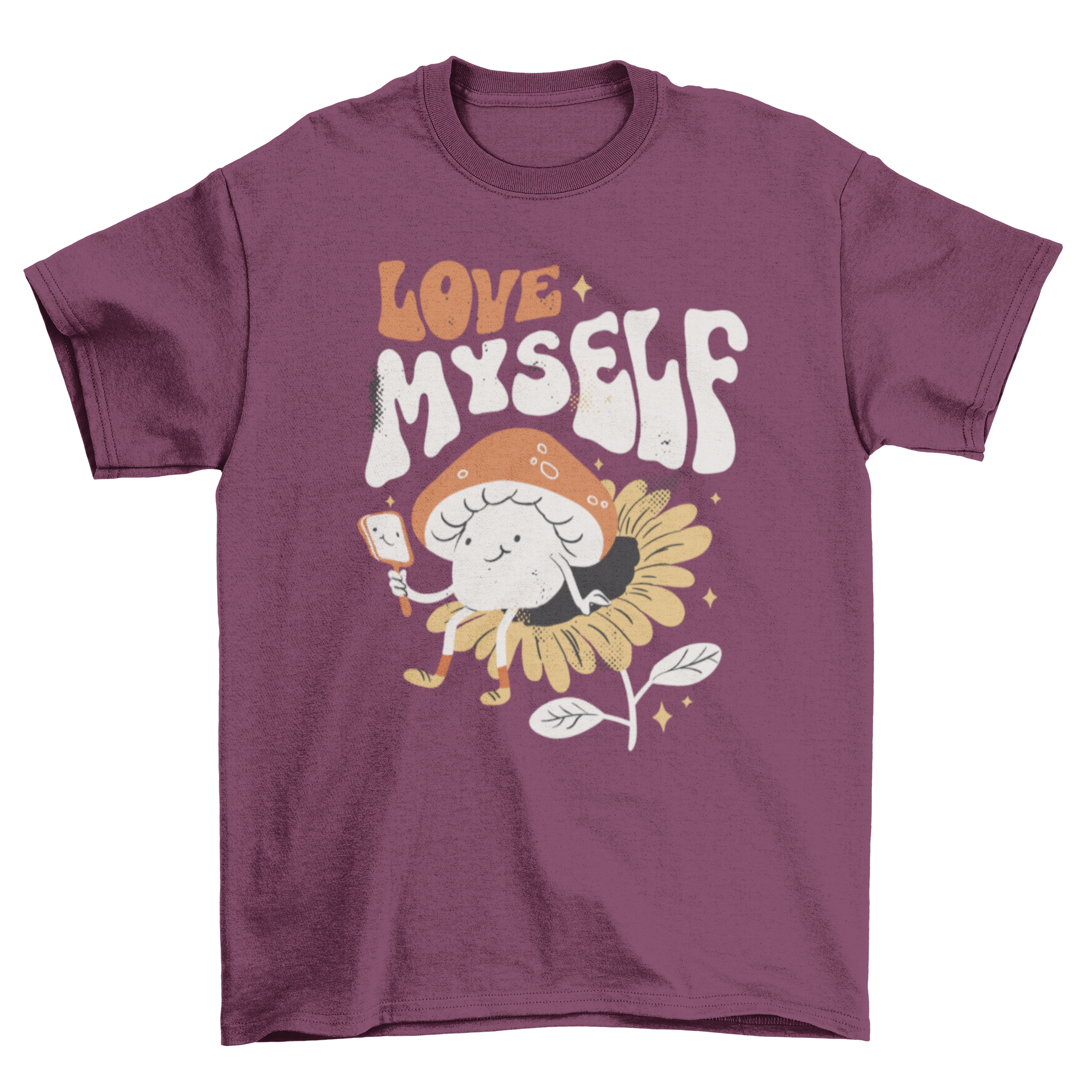 Confident mushroom character sitting in a sunflower, looking in a mirror with the quote 'Love myself' on a stylish t-shirt.