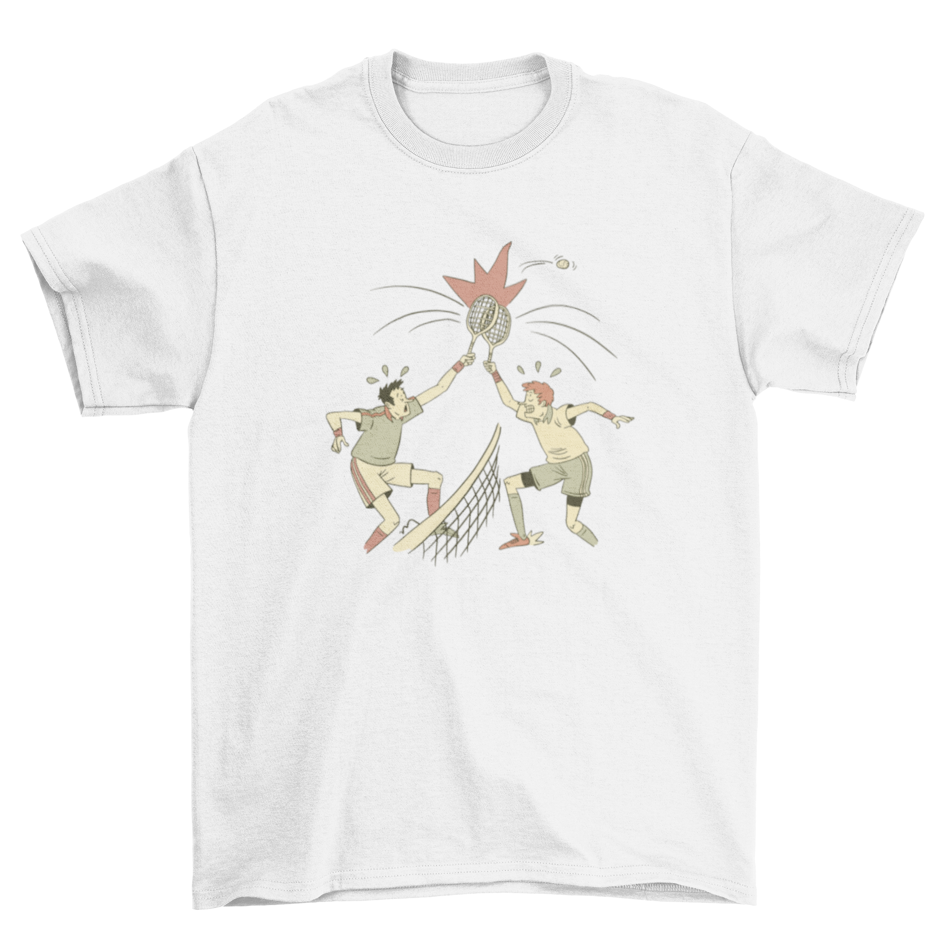 A humorous t-shirt featuring two tennis players clashing their rackets, showcasing a fun design for tennis lovers.