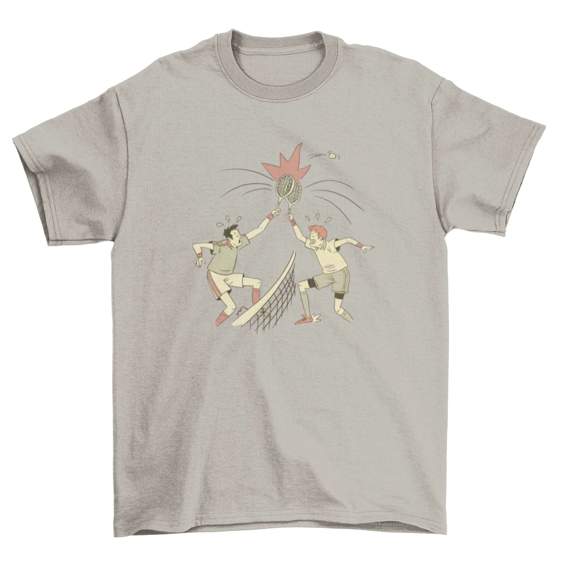 A humorous t-shirt featuring two tennis players clashing their rackets, showcasing a fun design for tennis lovers.