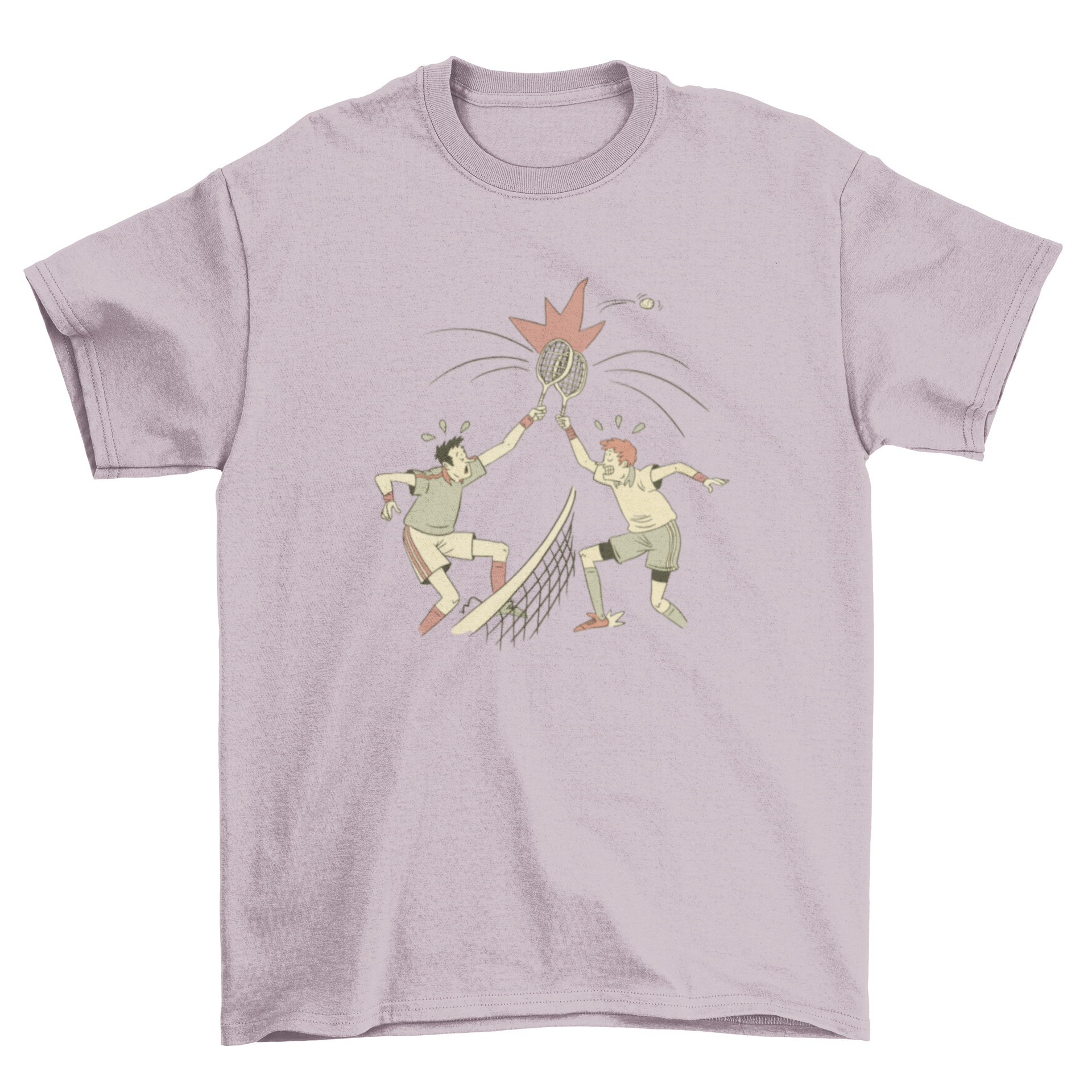 A humorous t-shirt featuring two tennis players clashing their rackets, showcasing a fun design for tennis lovers.