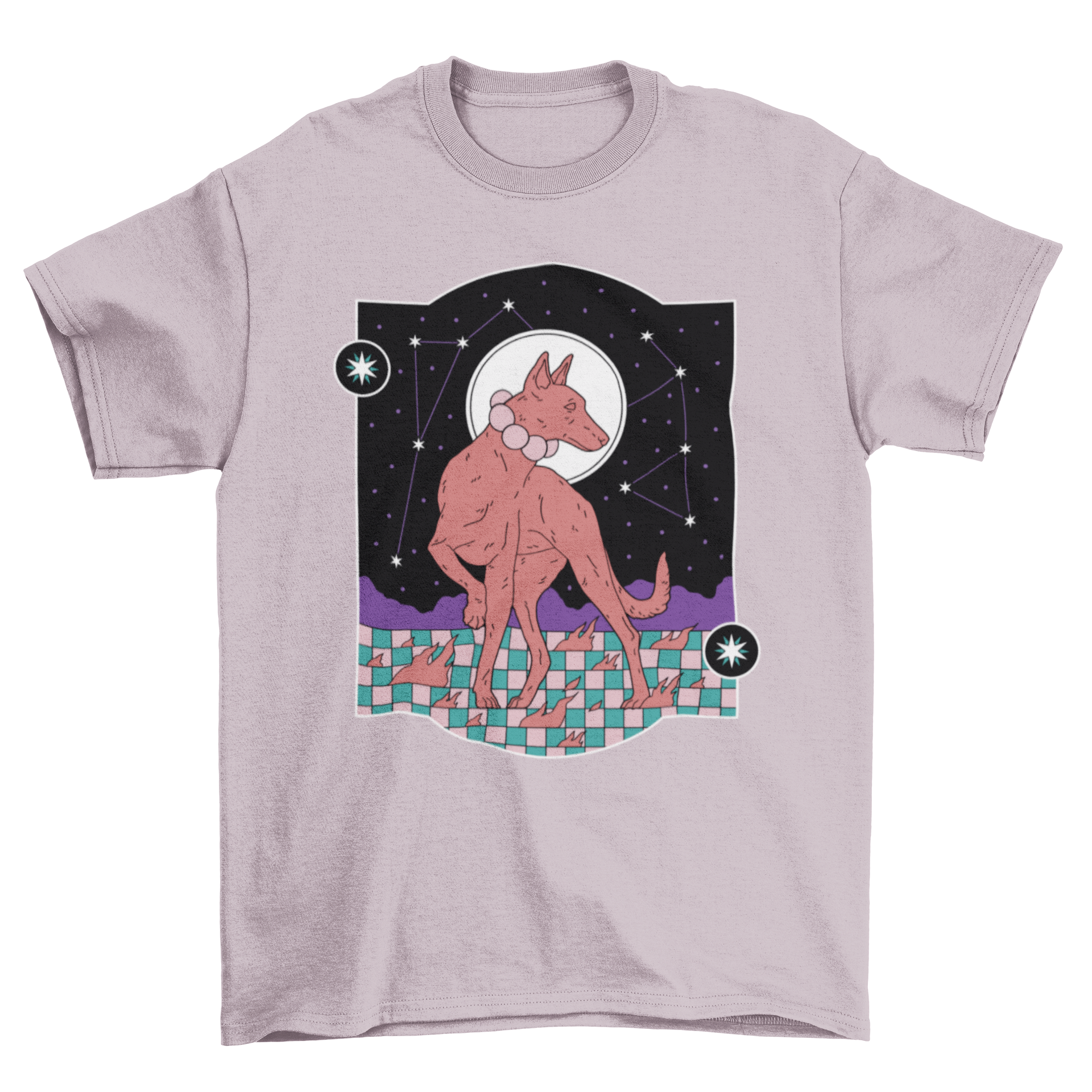 A stylish t-shirt featuring a mystic dog design with star constellations in the background, perfect for dog lovers.