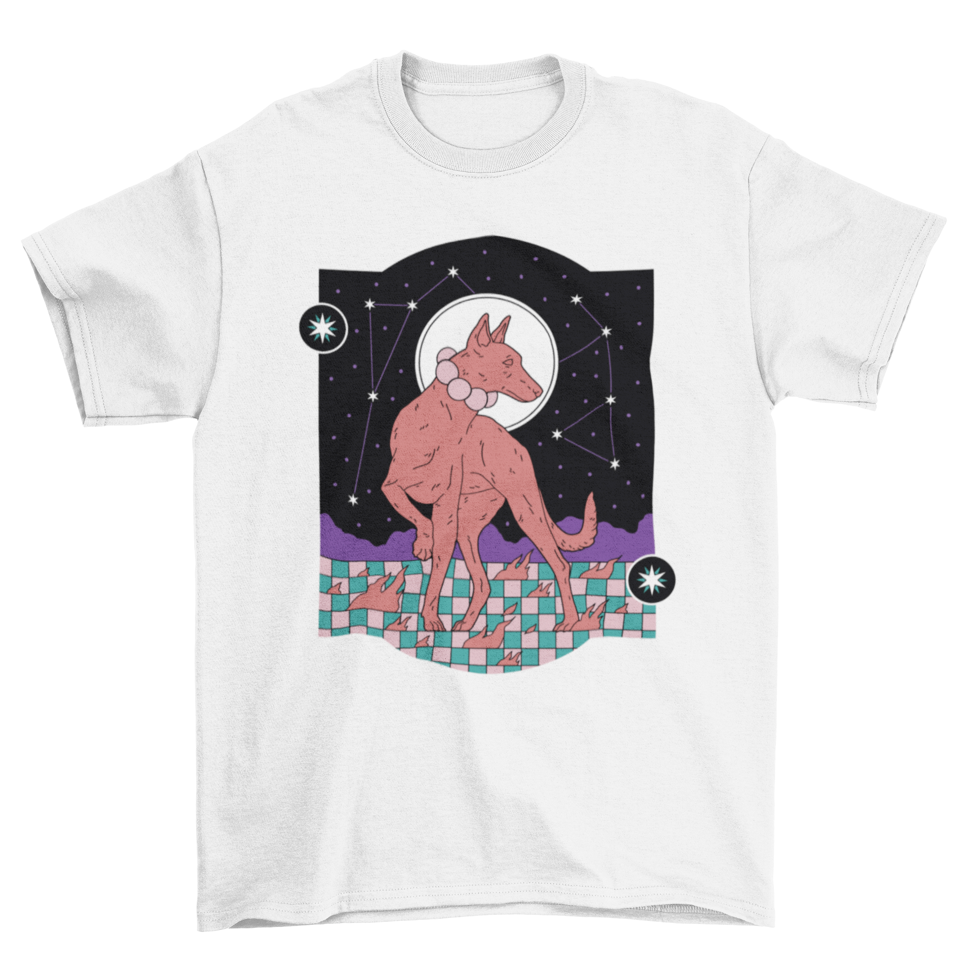 A stylish t-shirt featuring a mystic dog design with star constellations in the background, perfect for dog lovers.