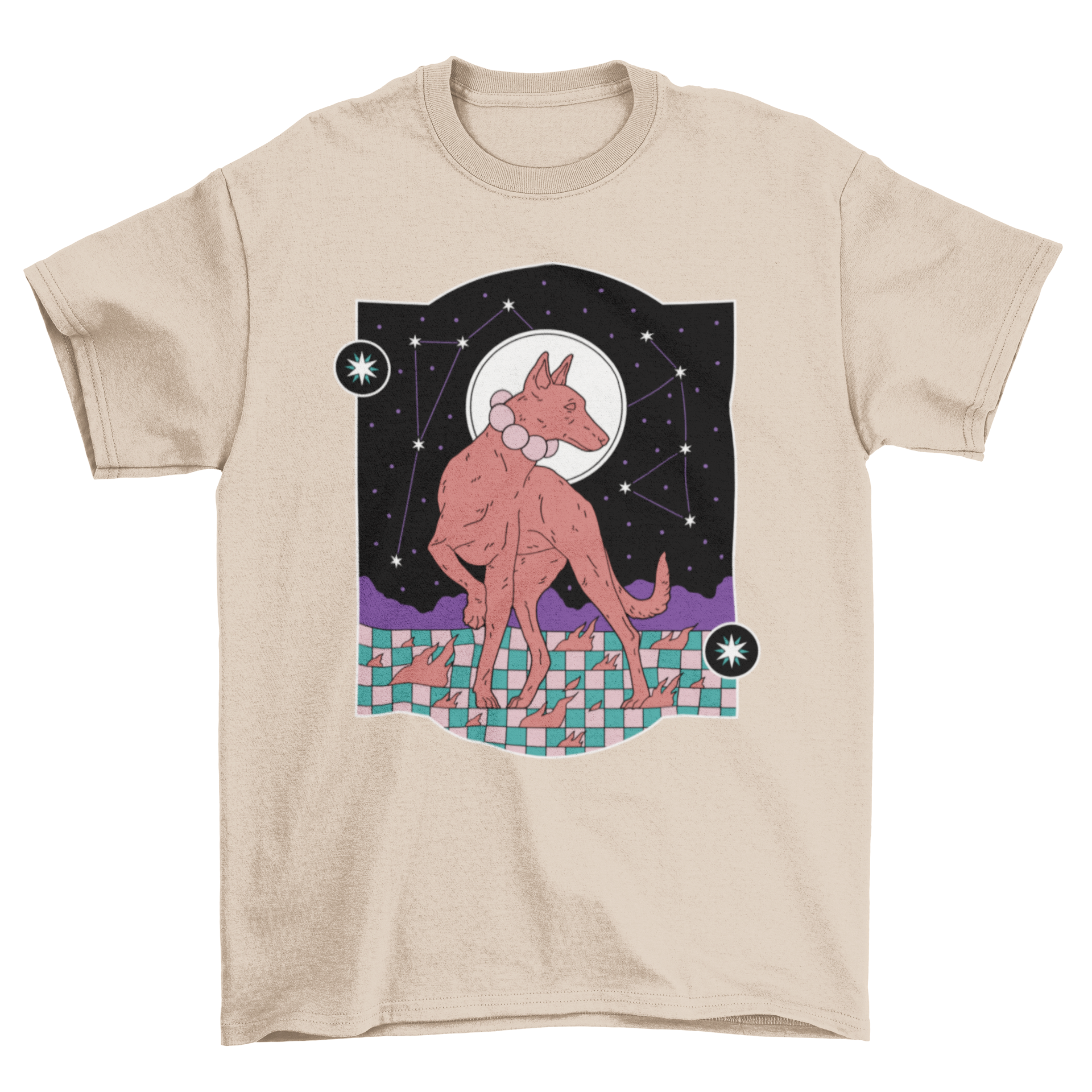 A stylish t-shirt featuring a mystic dog design with star constellations in the background, perfect for dog lovers.