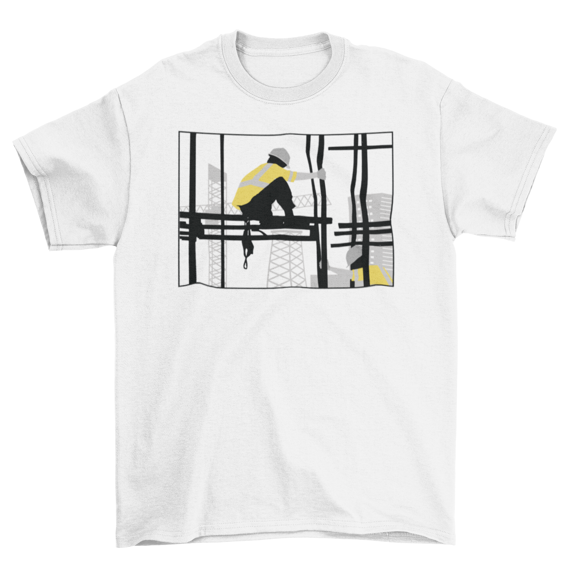 A stylish T-shirt featuring a silhouette of a construction worker on scaffolding, showcasing dedication to the construction profession.