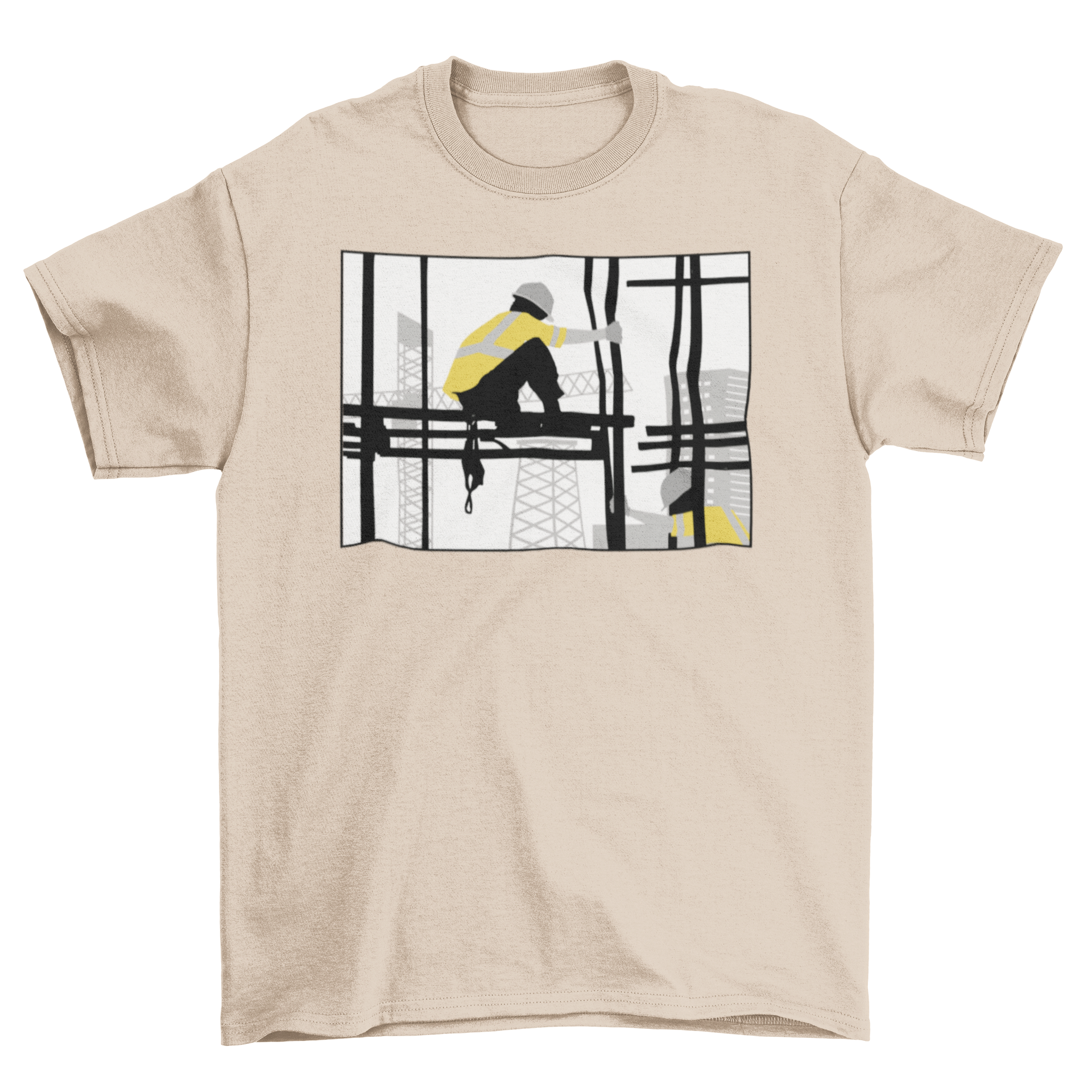 A stylish T-shirt featuring a silhouette of a construction worker on scaffolding, showcasing dedication to the construction profession.