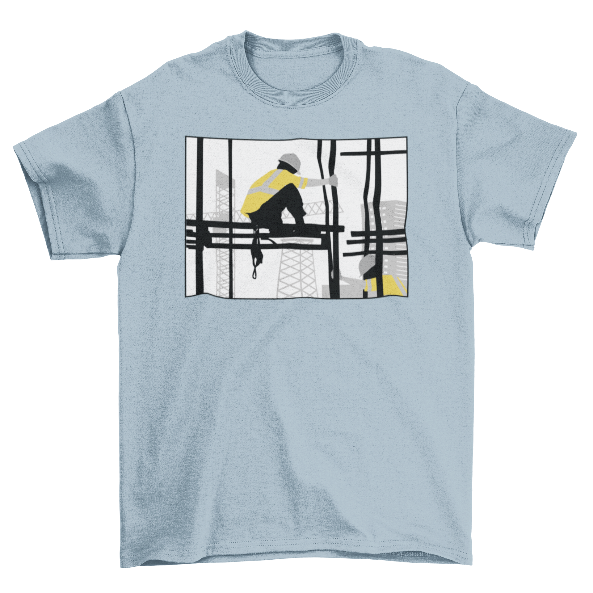 A stylish T-shirt featuring a silhouette of a construction worker on scaffolding, showcasing dedication to the construction profession.