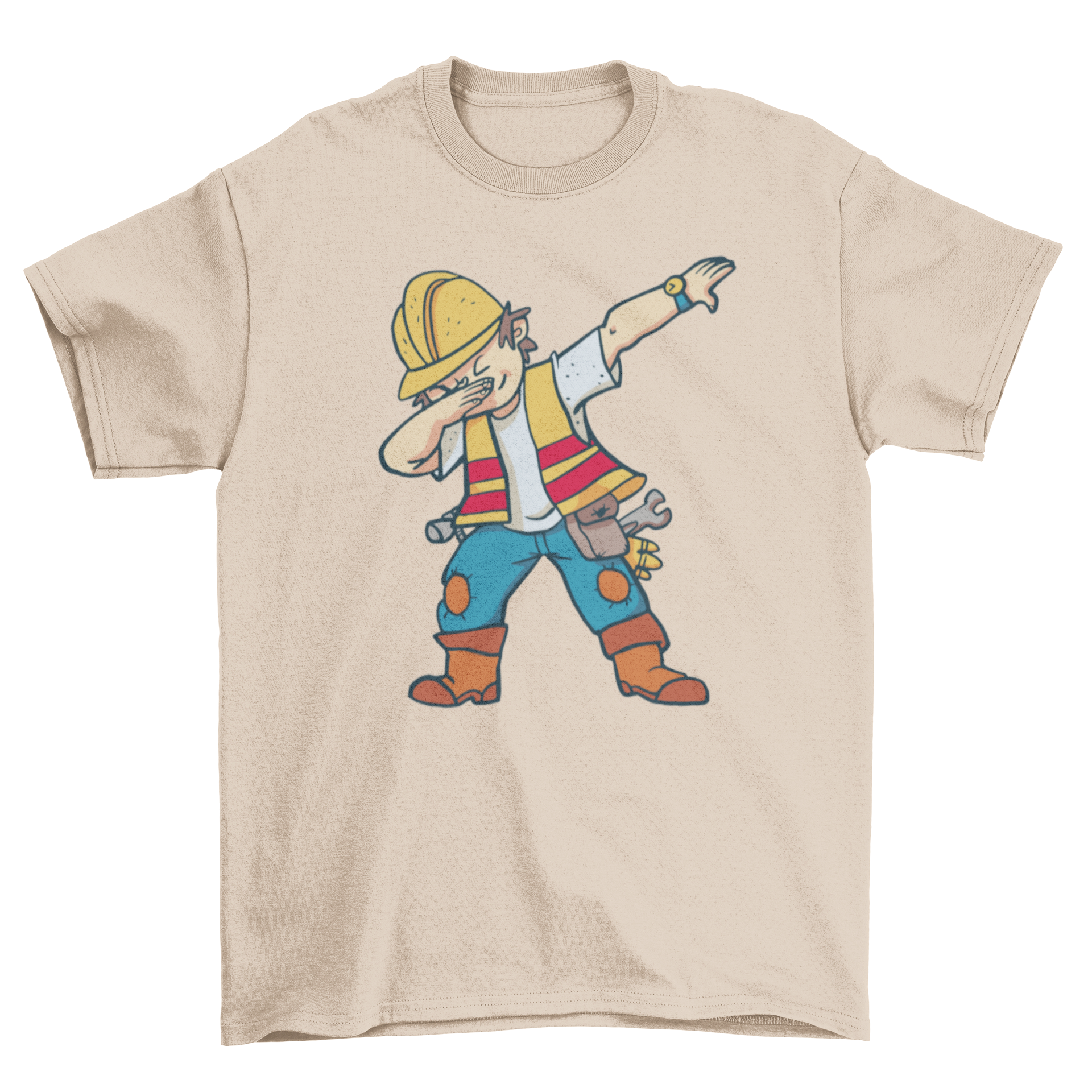 A stylish t-shirt featuring a construction worker dabbing, showcasing a fun and unique design.