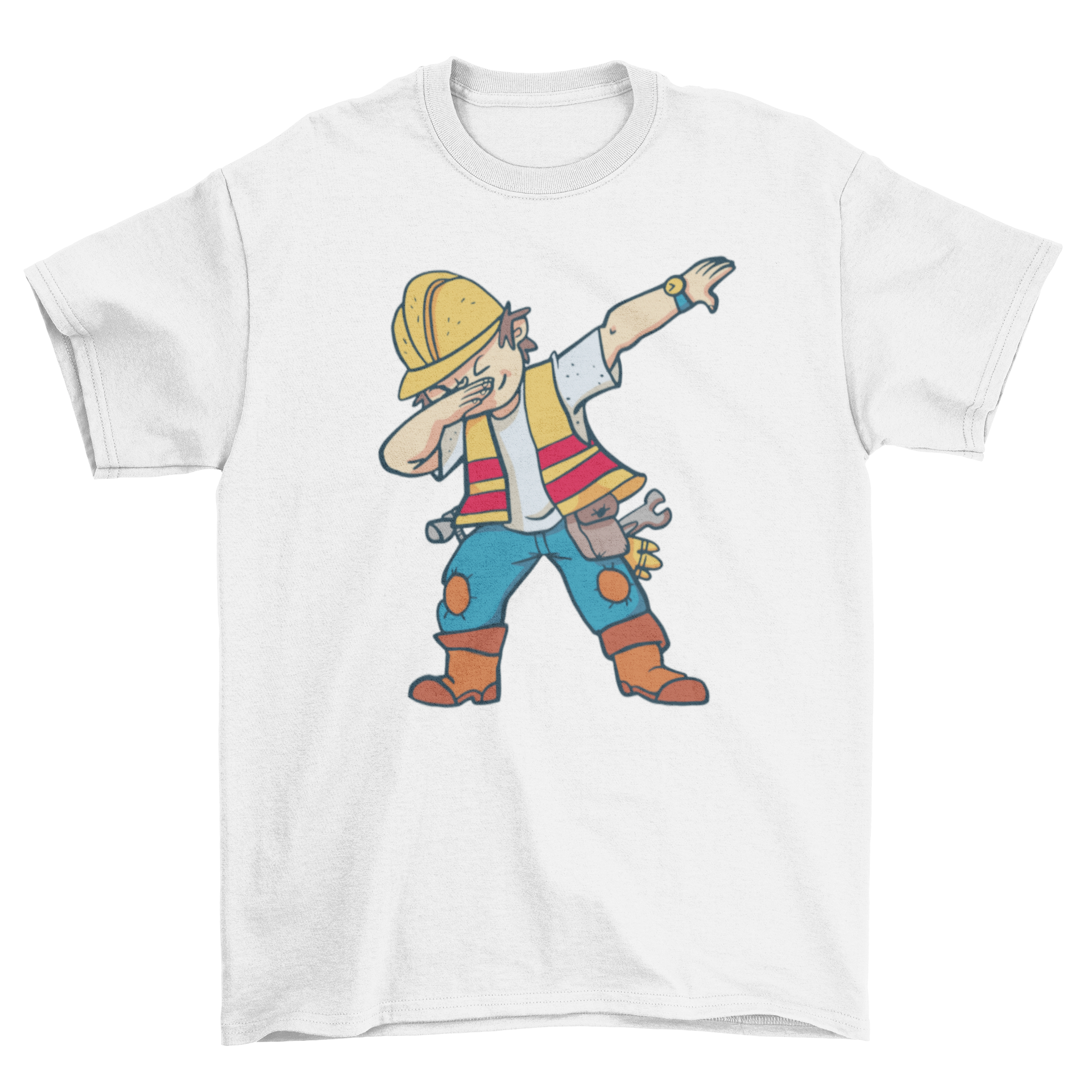 A stylish t-shirt featuring a construction worker dabbing, showcasing a fun and unique design.