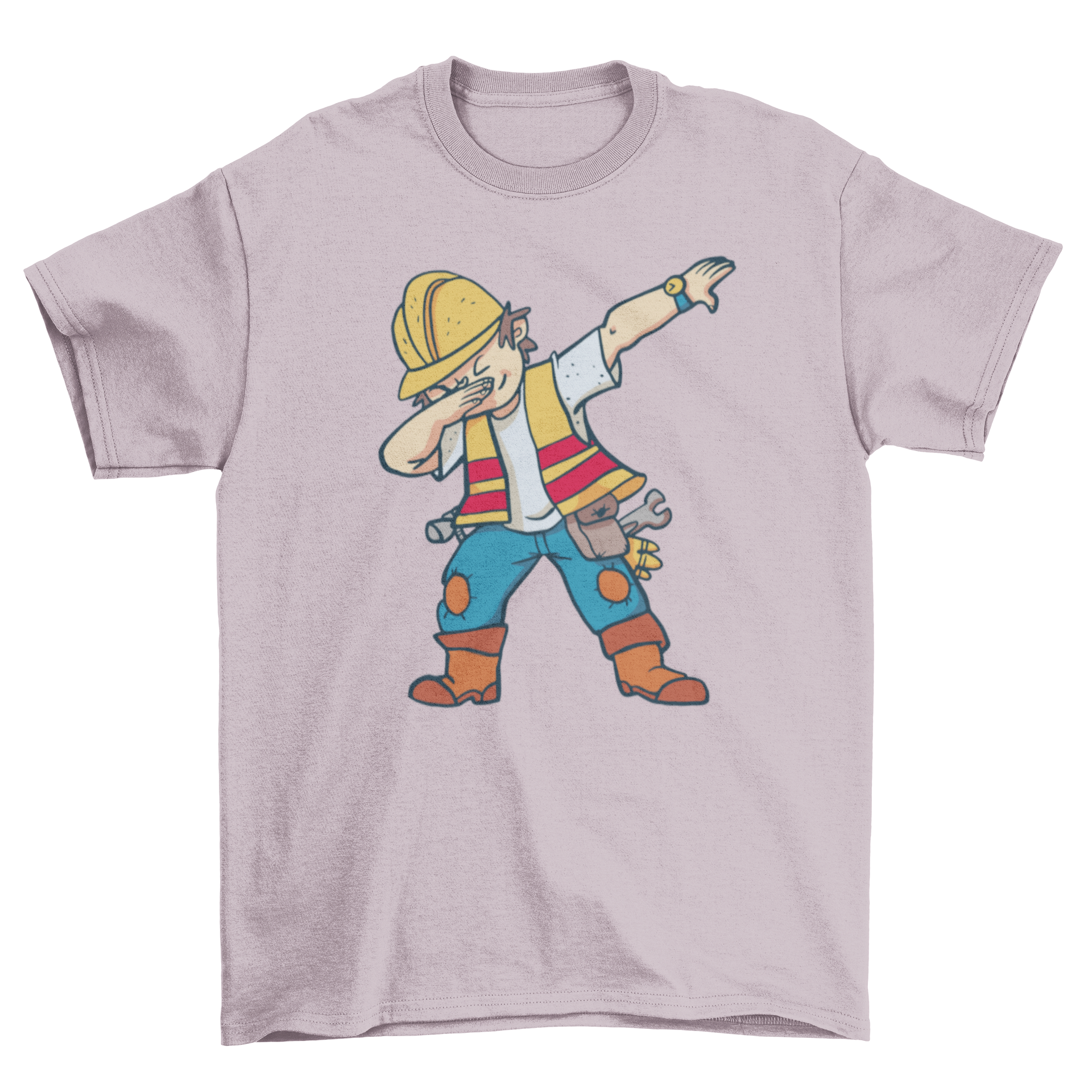 A stylish t-shirt featuring a construction worker dabbing, showcasing a fun and unique design.