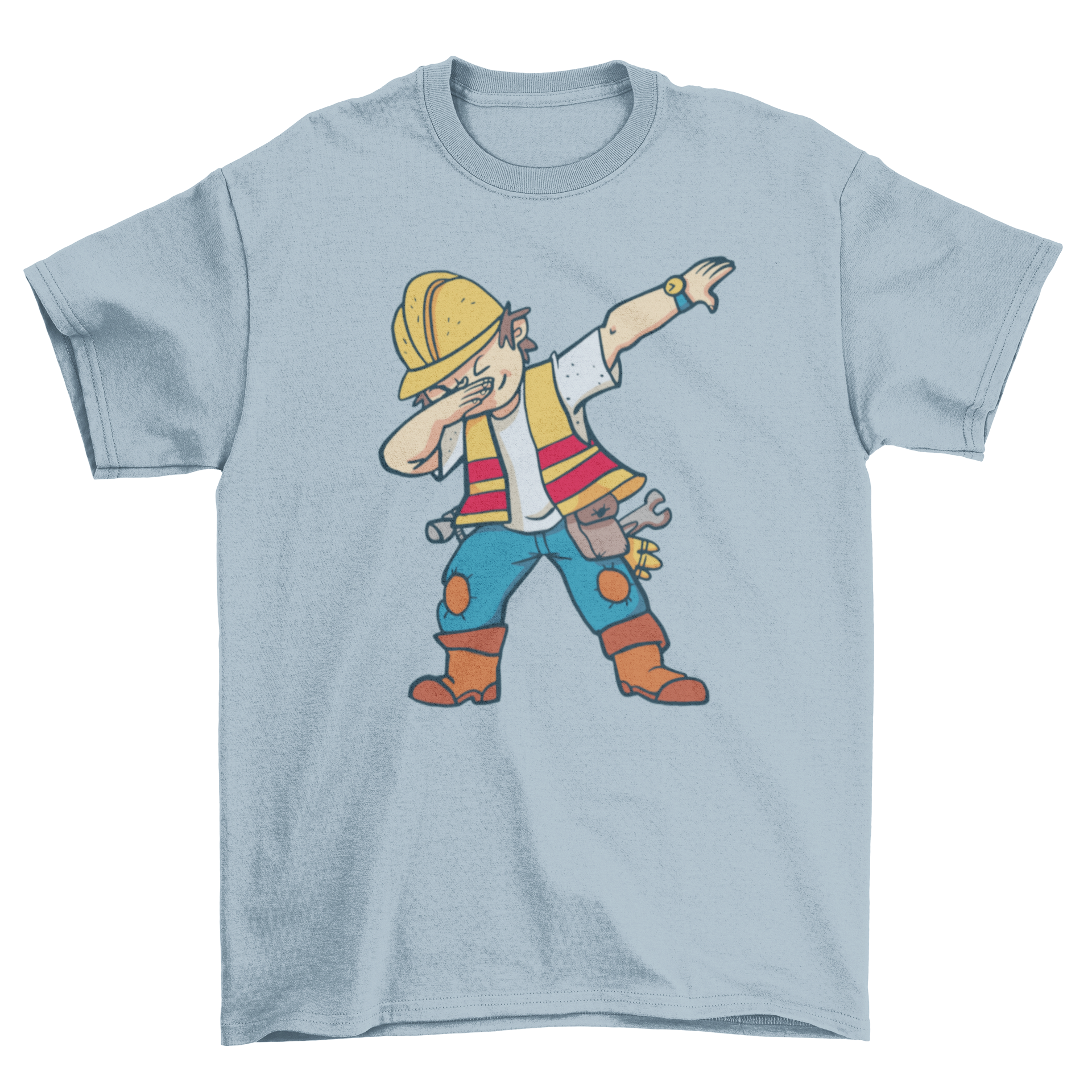 A stylish t-shirt featuring a construction worker dabbing, showcasing a fun and unique design.