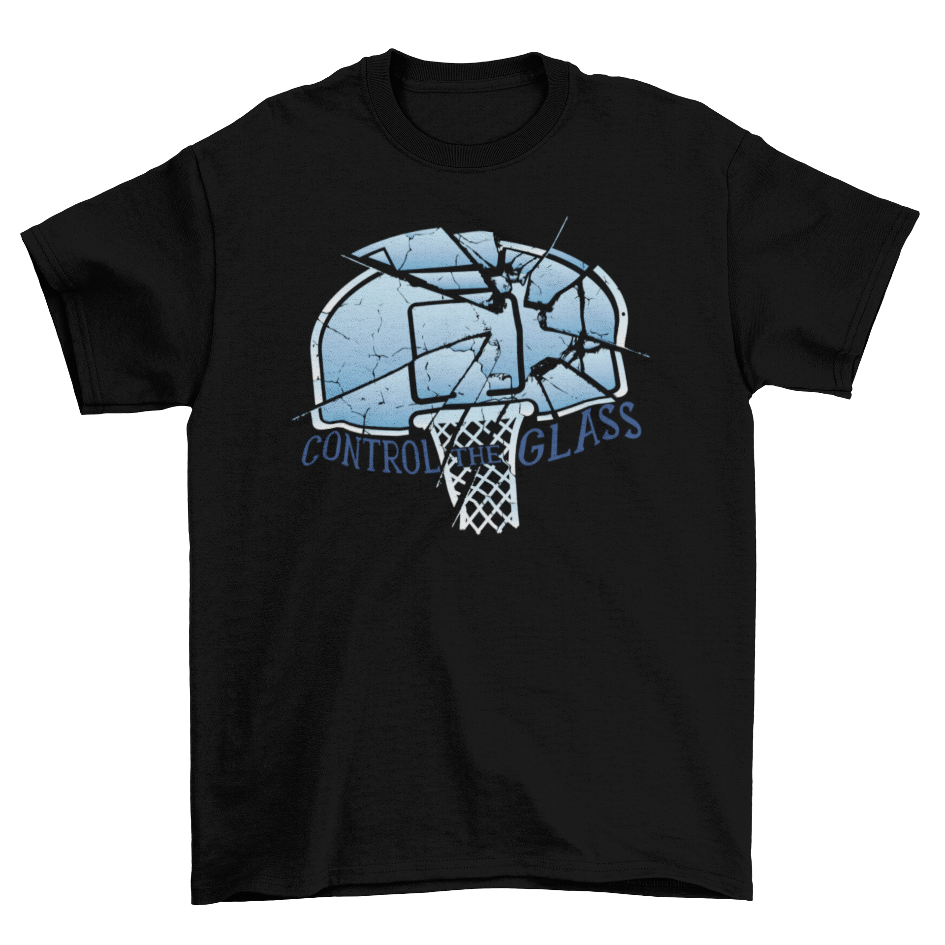 Control the Glass T-Shirt featuring basketball net and scoreboard design, perfect for basketball fans.