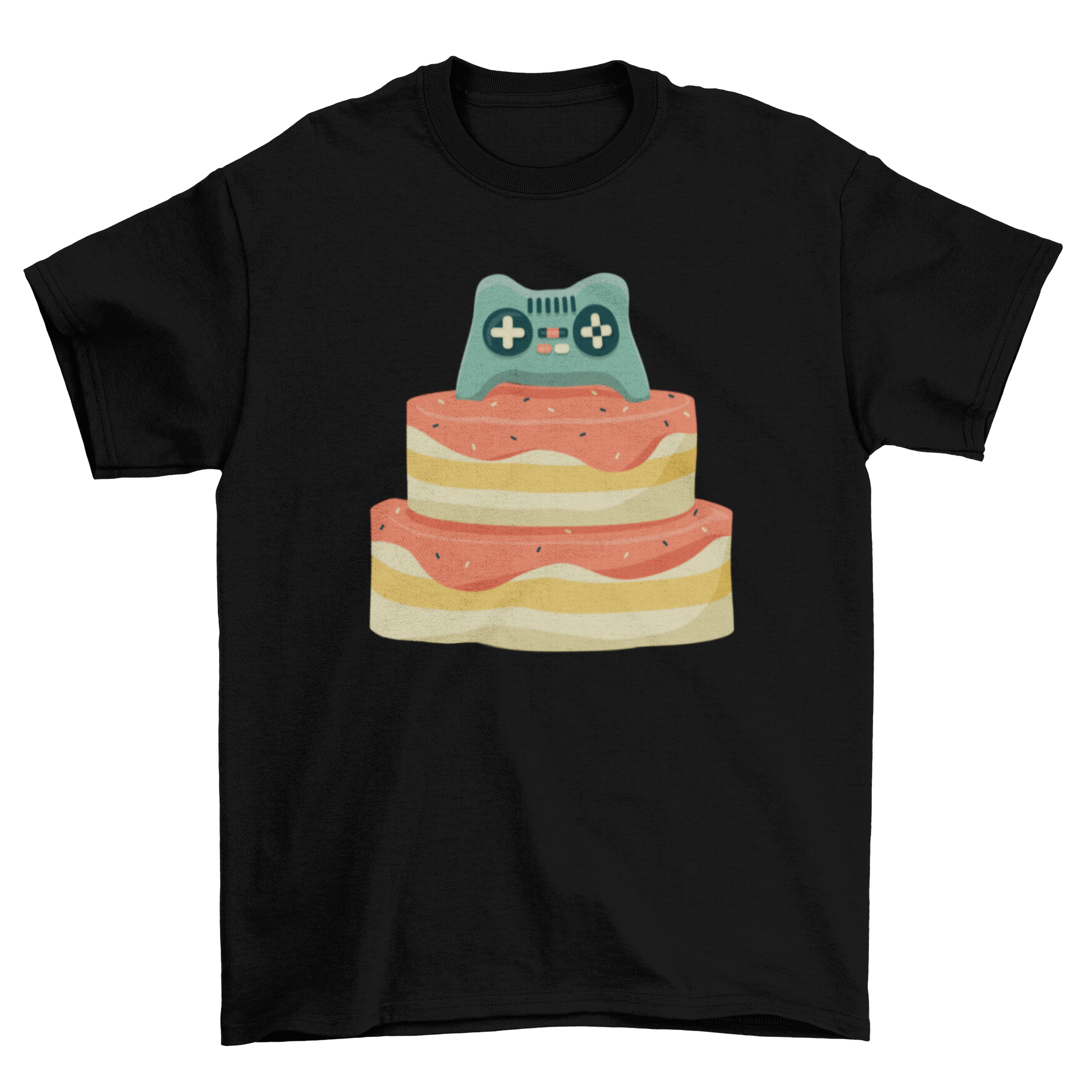 Controller Birthday Cake T-shirt featuring a colorful birthday cake and gaming controller design.