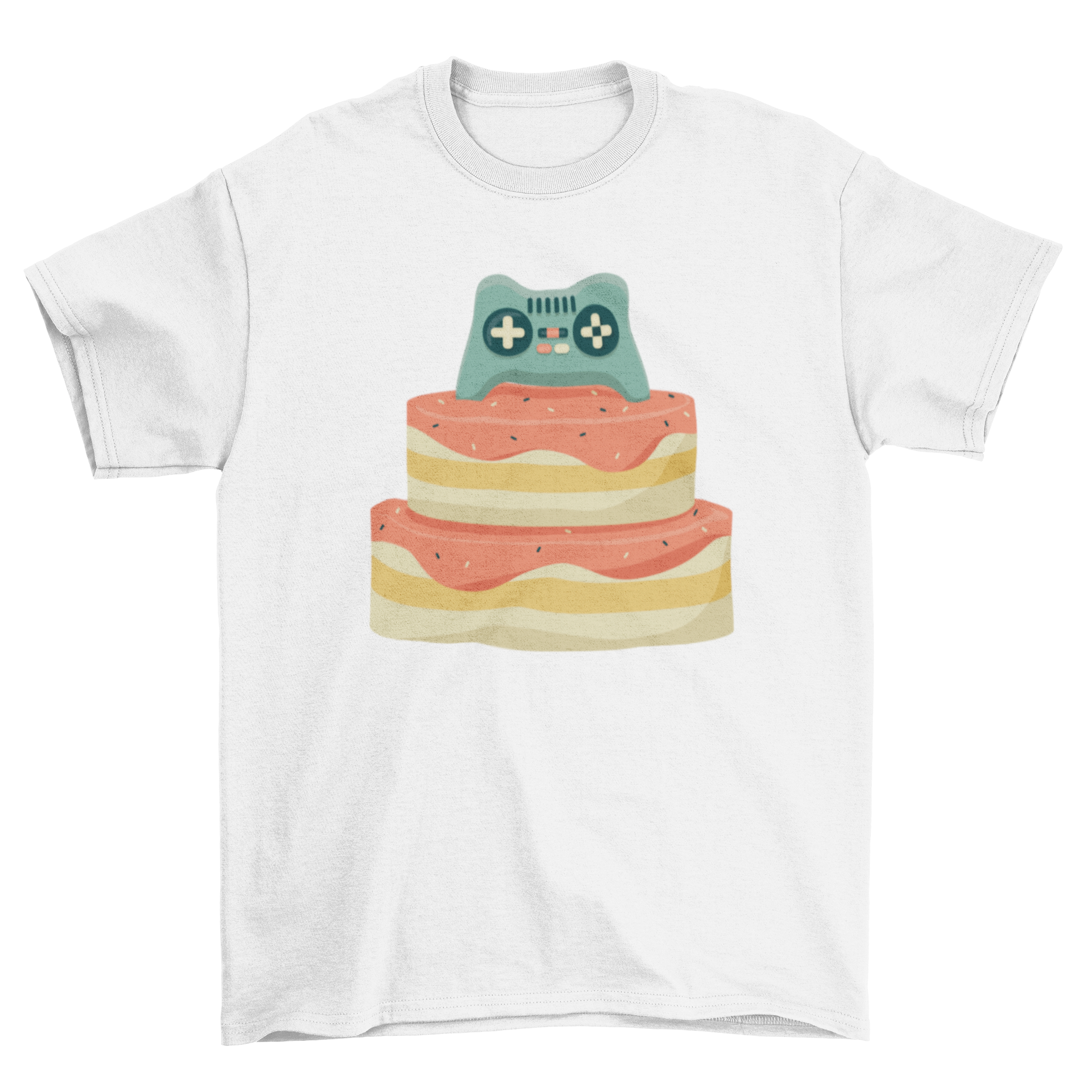 Controller Birthday Cake T-shirt featuring a colorful birthday cake and gaming controller design.