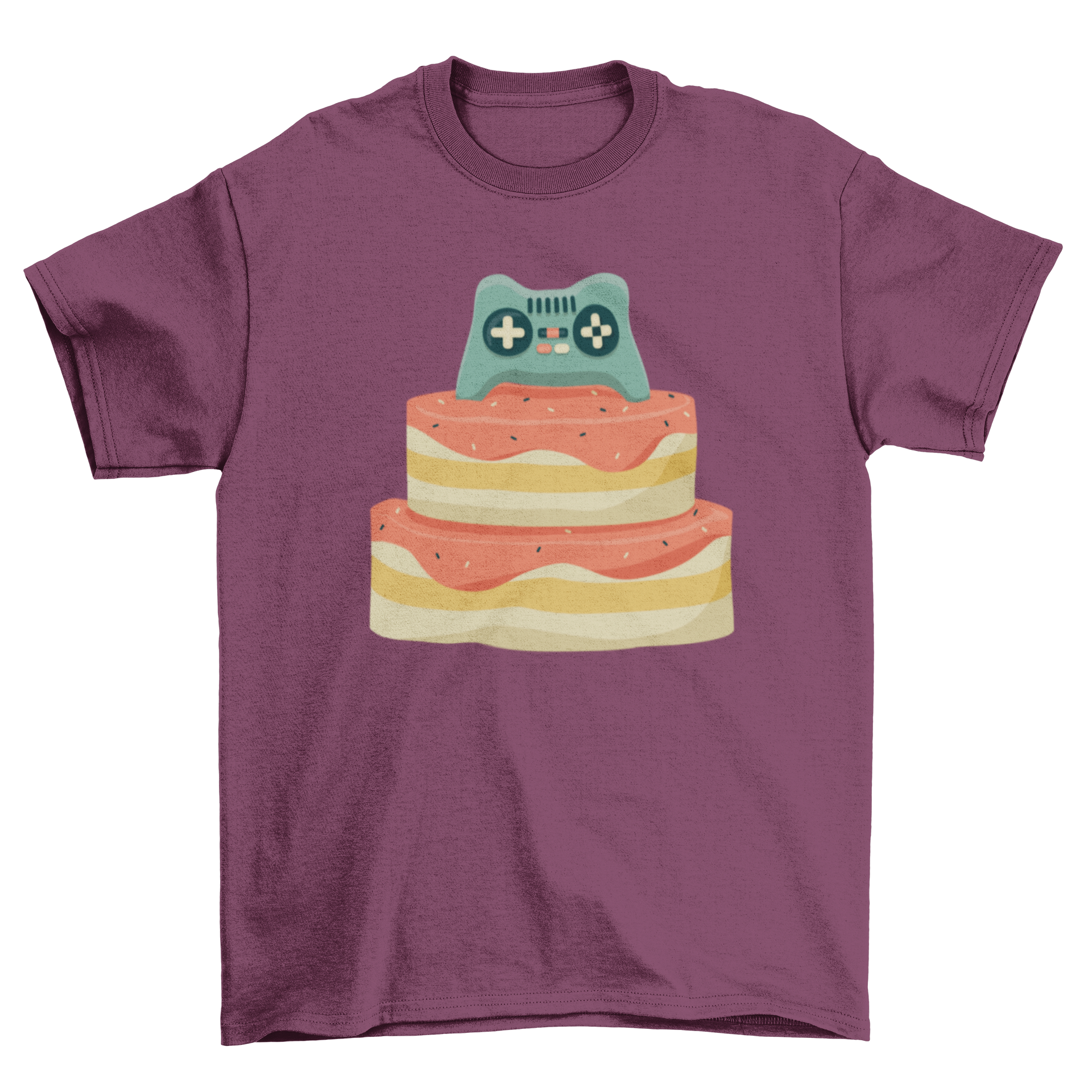 Controller Birthday Cake T-shirt featuring a colorful birthday cake and gaming controller design.