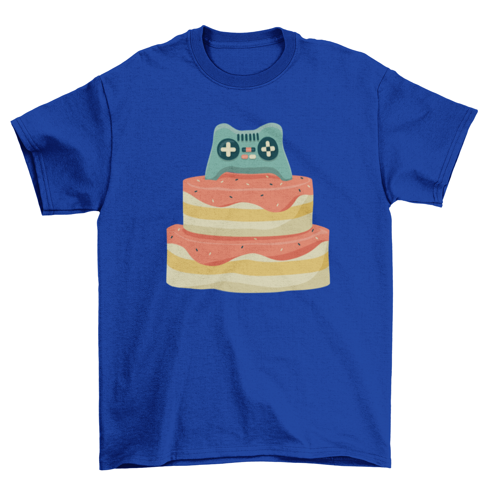 Controller Birthday Cake T-shirt featuring a colorful birthday cake and gaming controller design.