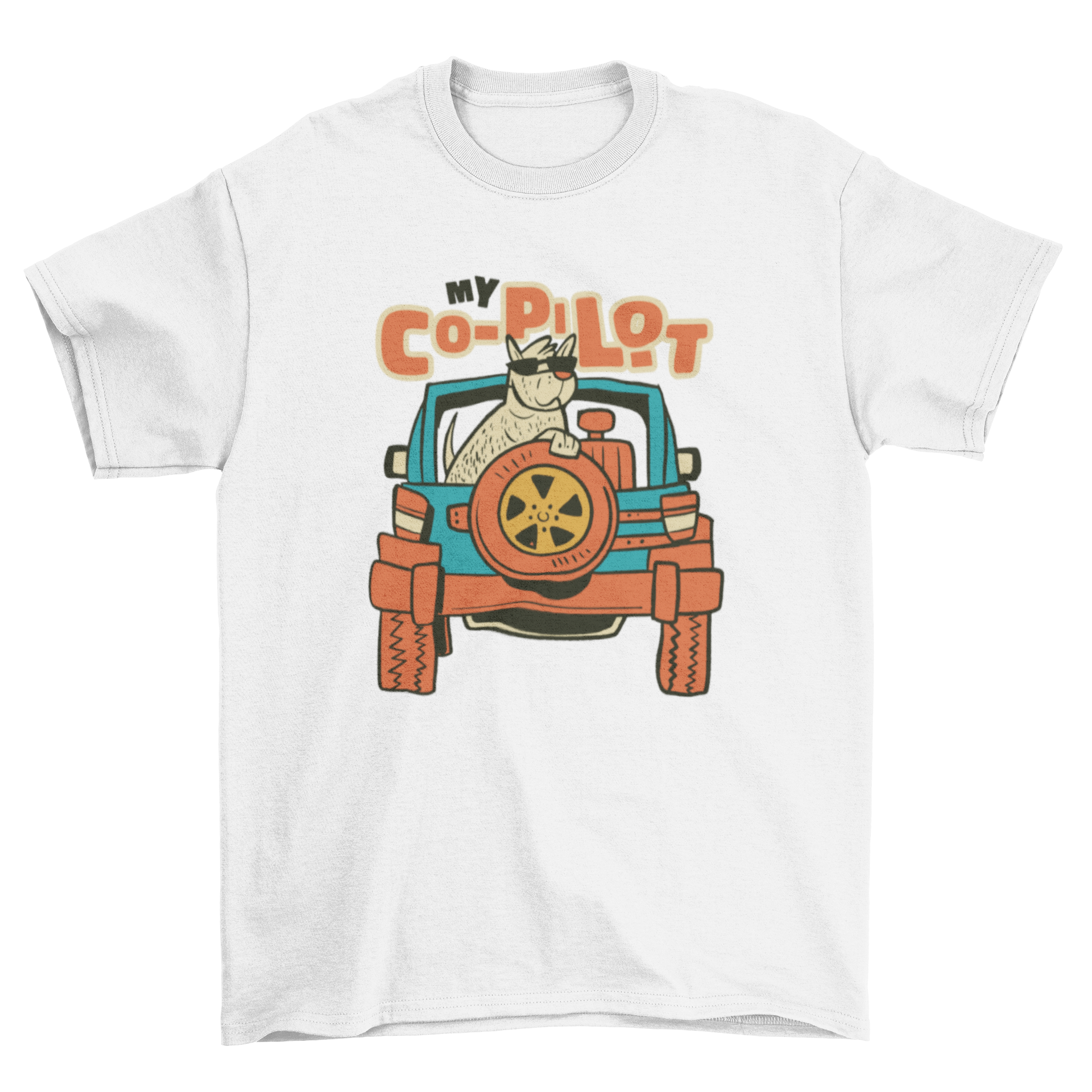 A cartoon-style t-shirt featuring a playful dog in a car with the quote 'My copilot'.