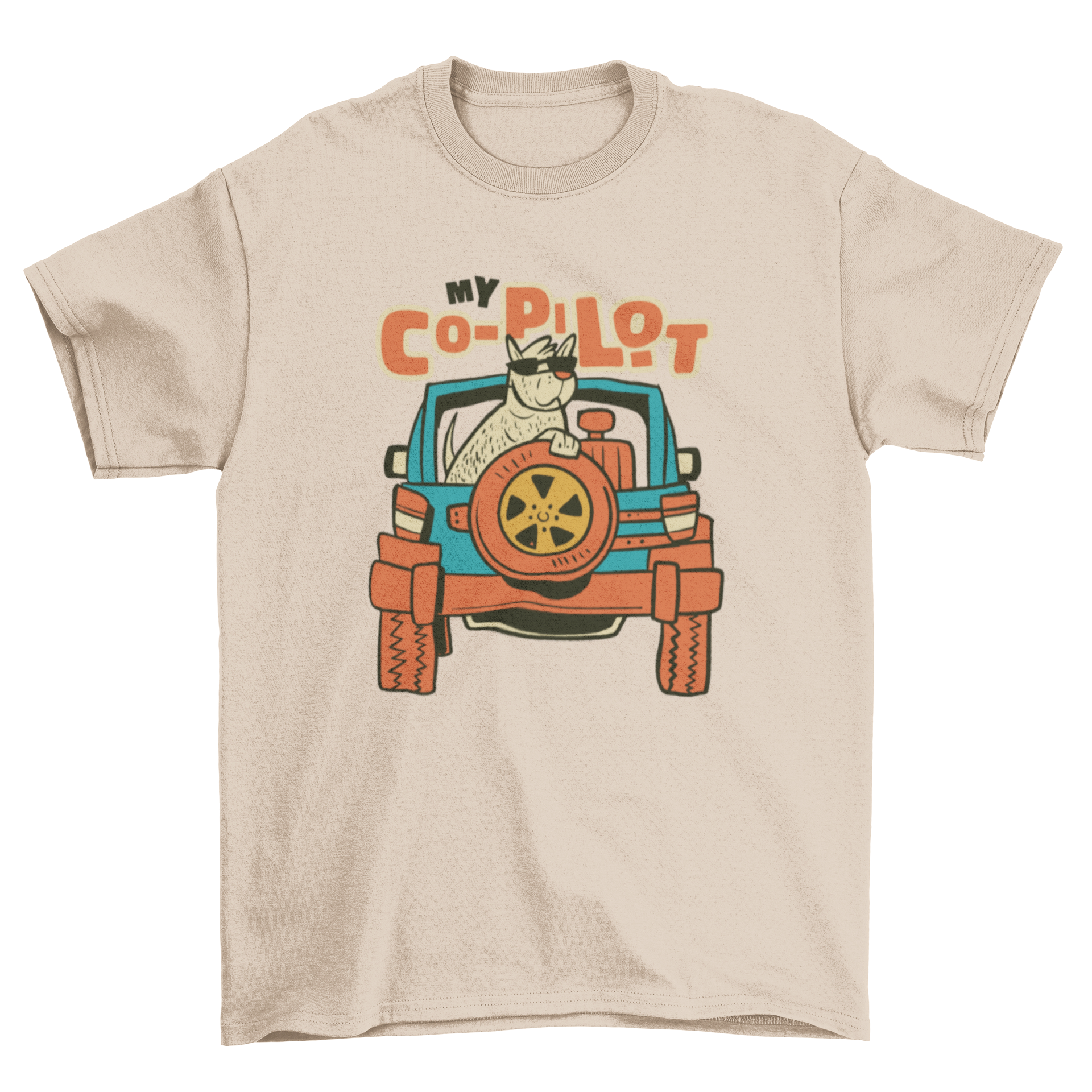 A cartoon-style t-shirt featuring a playful dog in a car with the quote 'My copilot'.