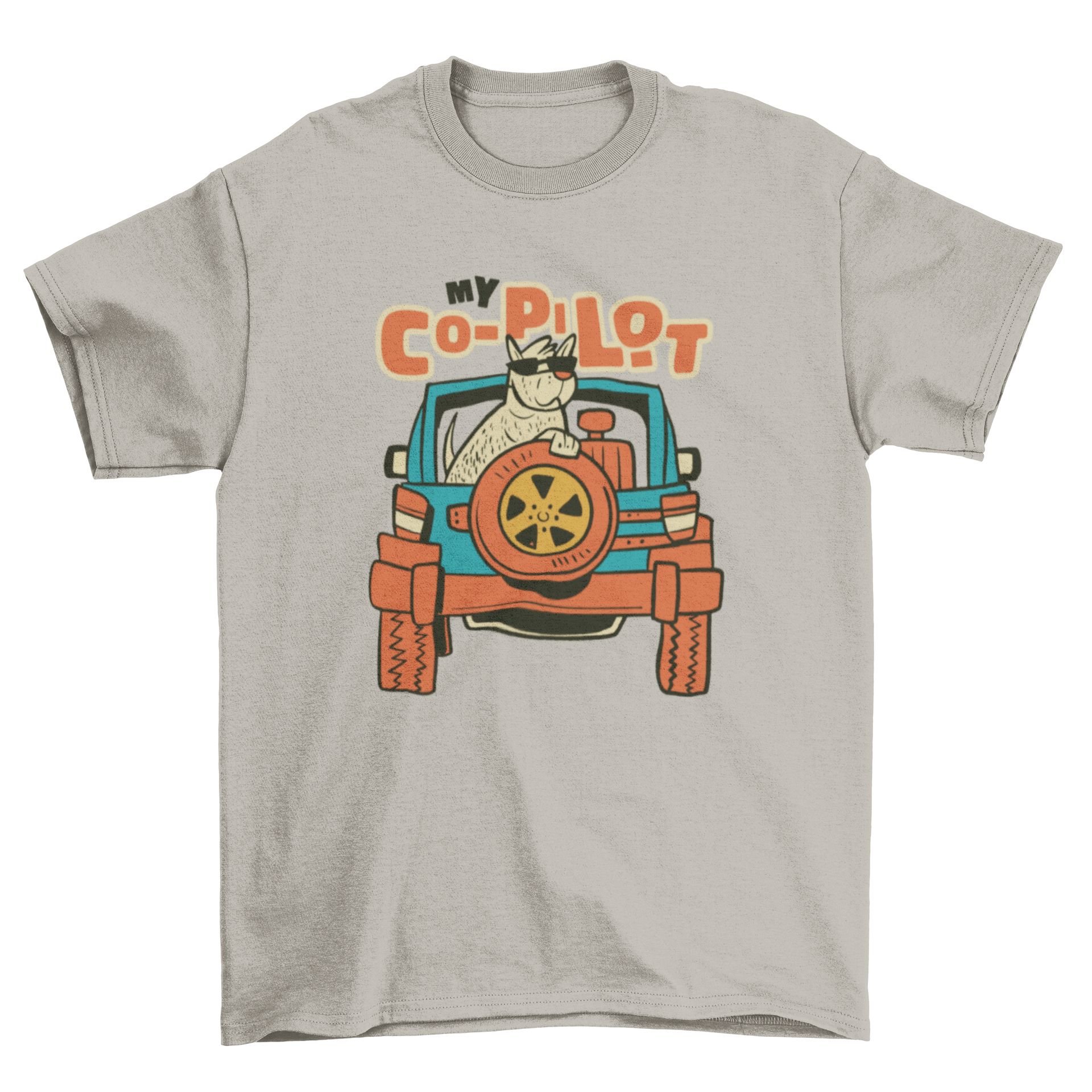 A cartoon-style t-shirt featuring a playful dog in a car with the quote 'My copilot'.