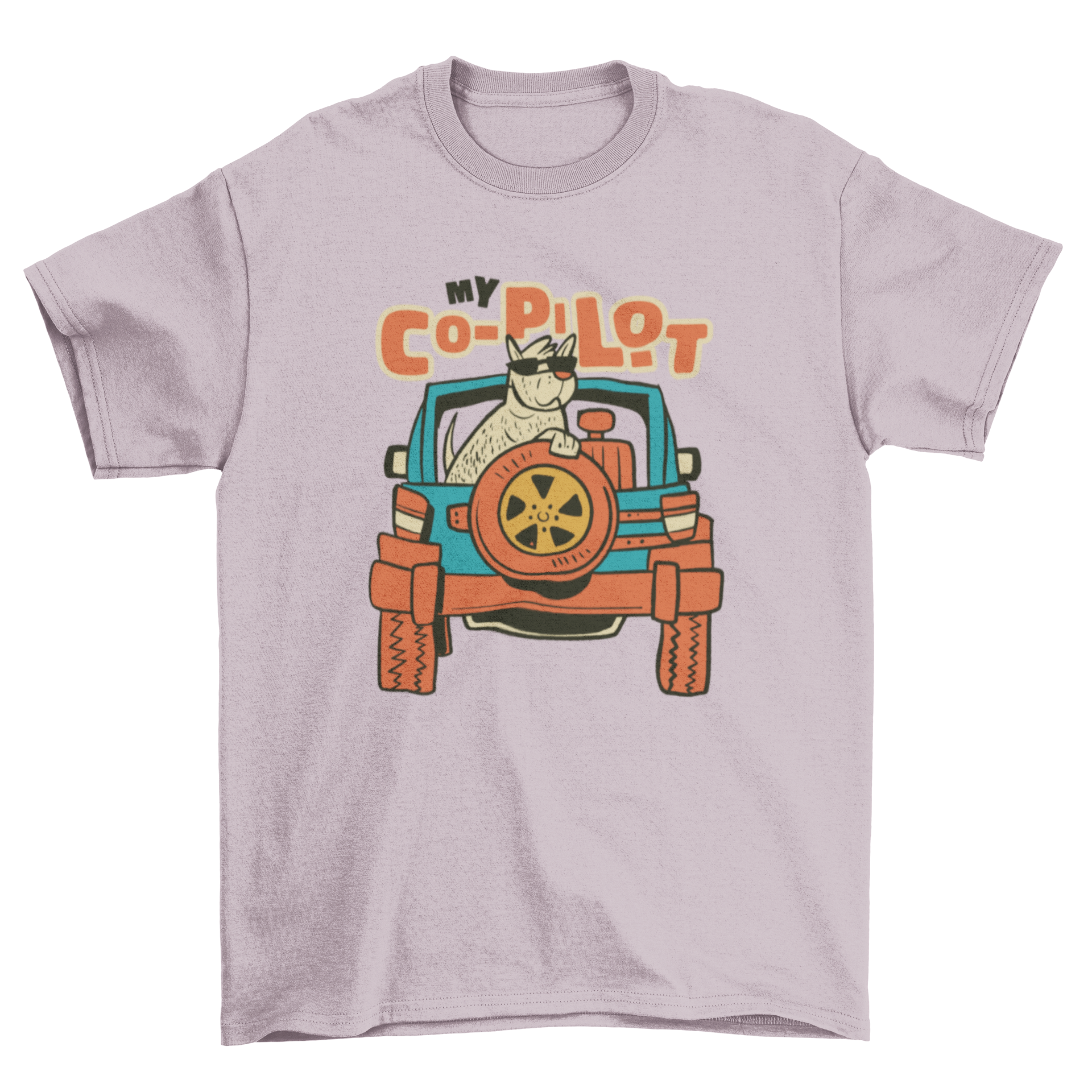 A cartoon-style t-shirt featuring a playful dog in a car with the quote 'My copilot'.