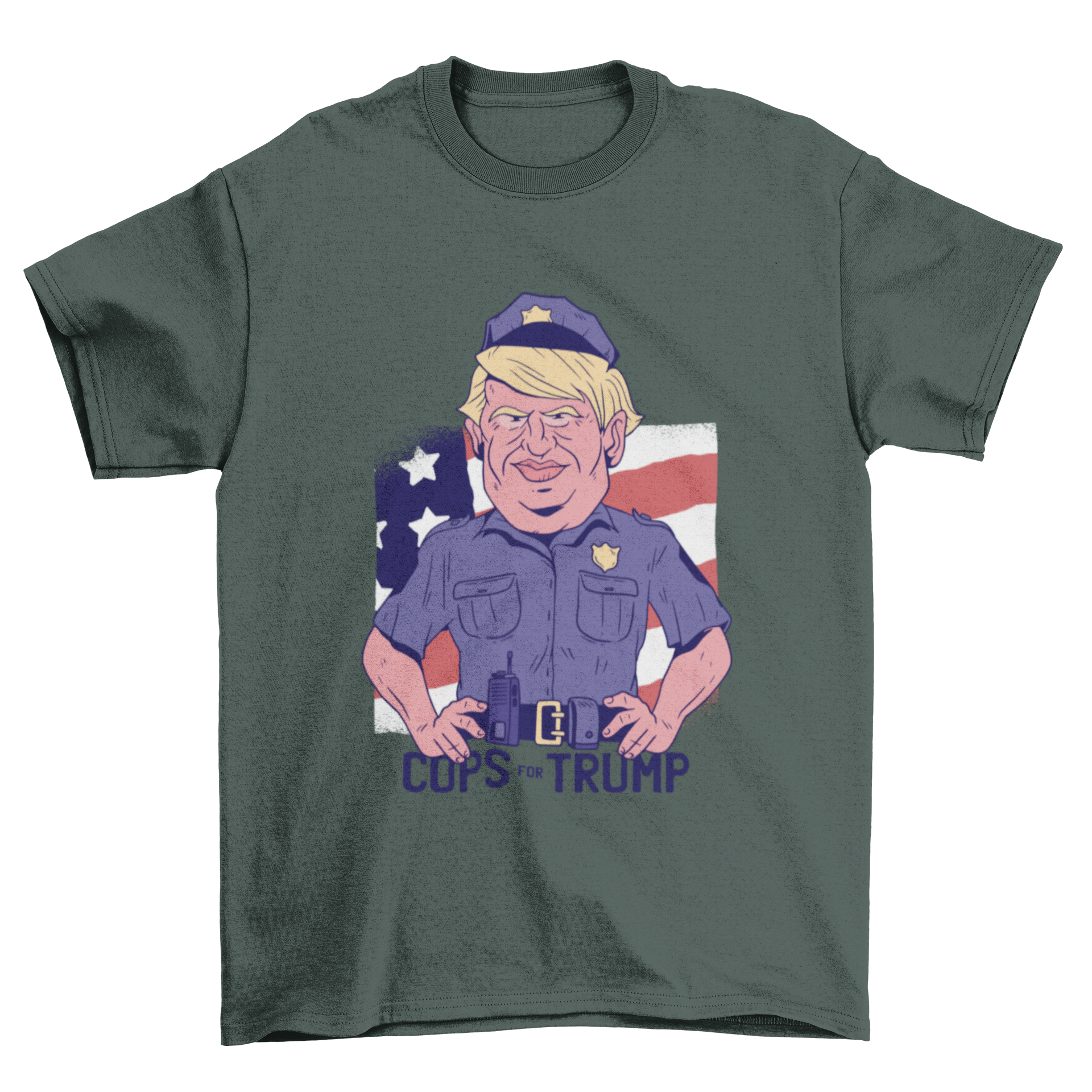 Cops for Trump t-shirt featuring Trump in a police uniform with bold lettering.