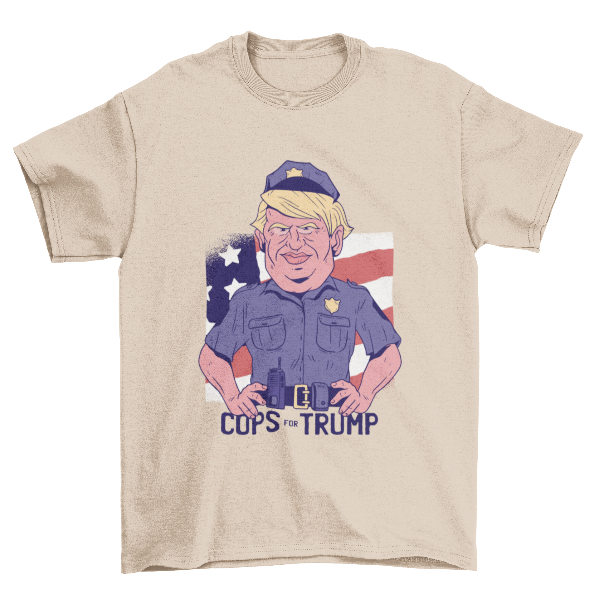 Cops for Trump t-shirt featuring Trump in a police uniform with bold lettering.