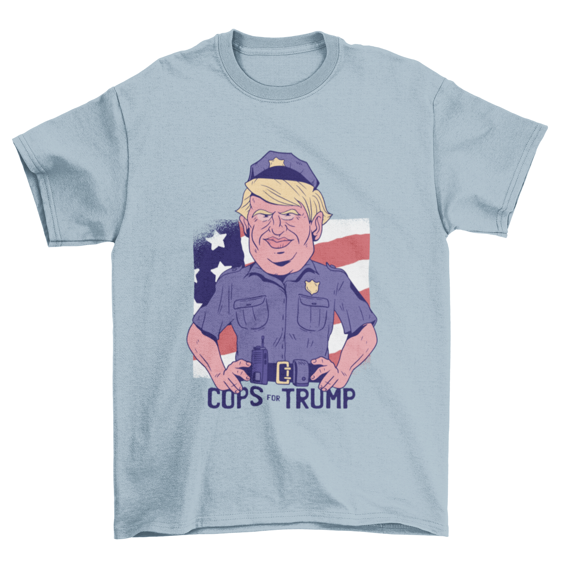 Cops for Trump t-shirt featuring Trump in a police uniform with bold lettering.