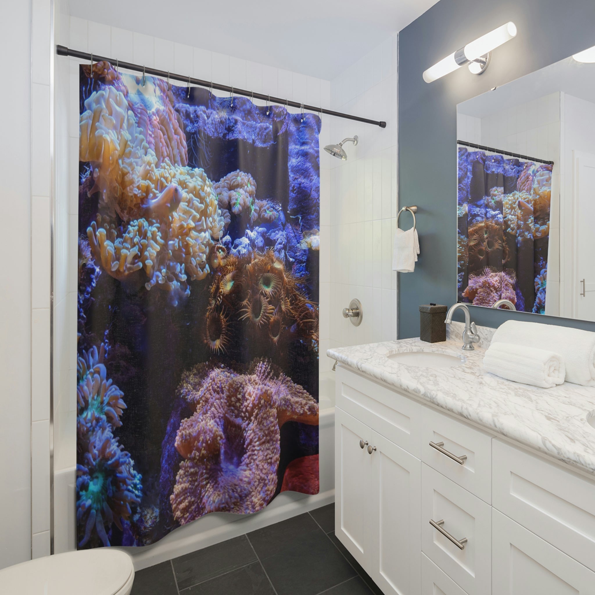 Colorful Coral Aquarium Shower Curtain featuring vibrant marine life and coral designs, made from durable polyester.