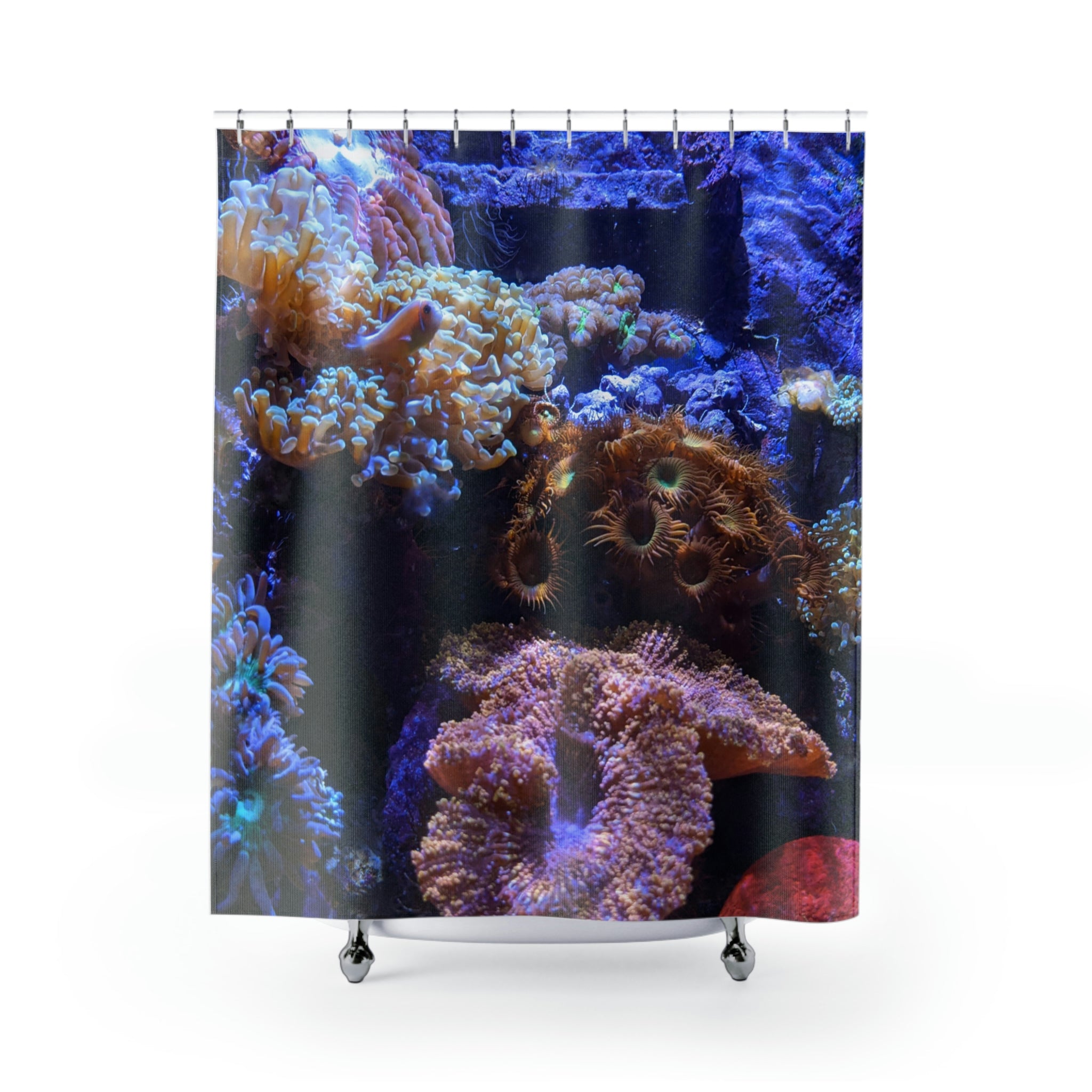 Colorful Coral Aquarium Shower Curtain featuring vibrant marine life and coral designs, made from durable polyester.