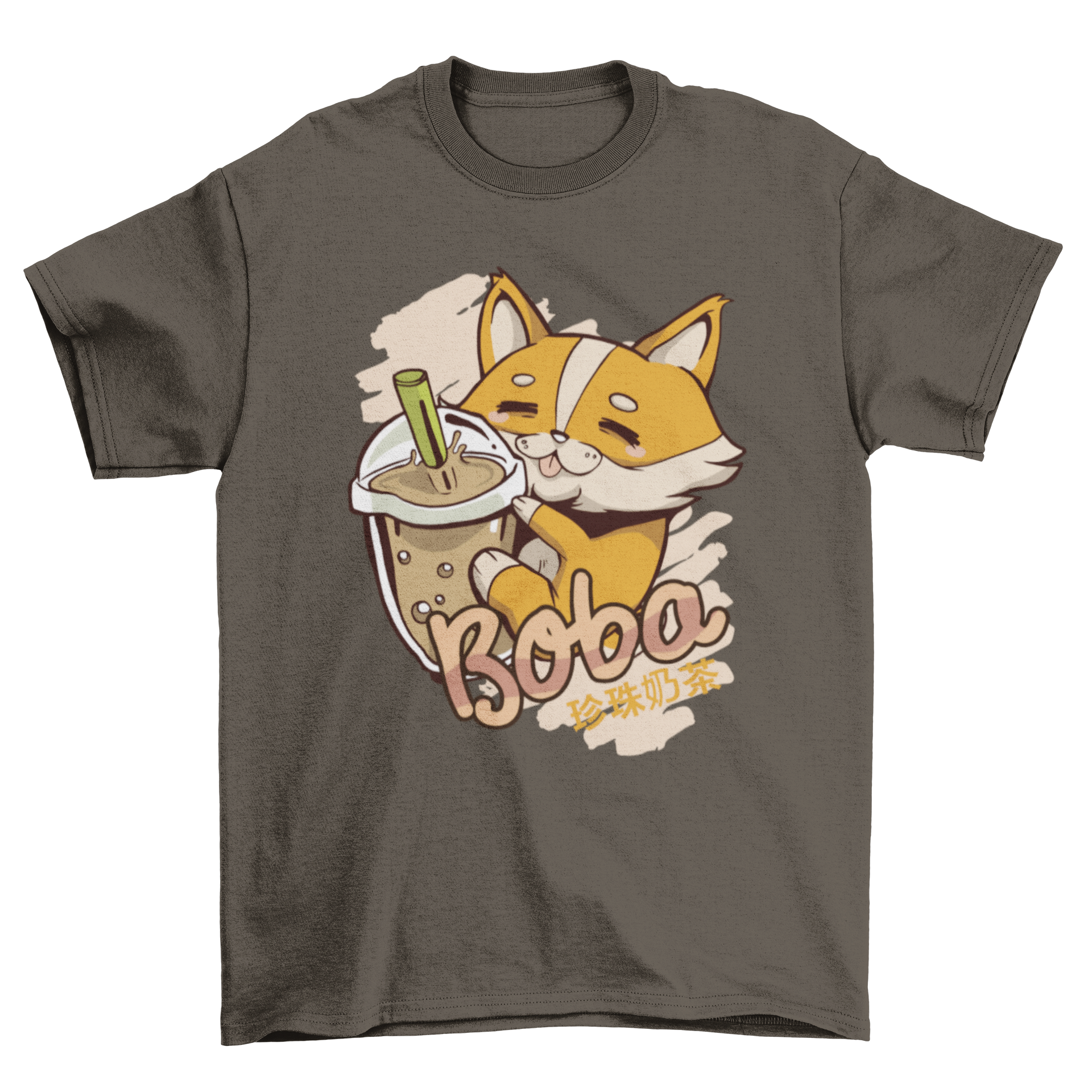 Corgi dog hugging a bubble tea cup with 'Boba' caption and Japanese letters.