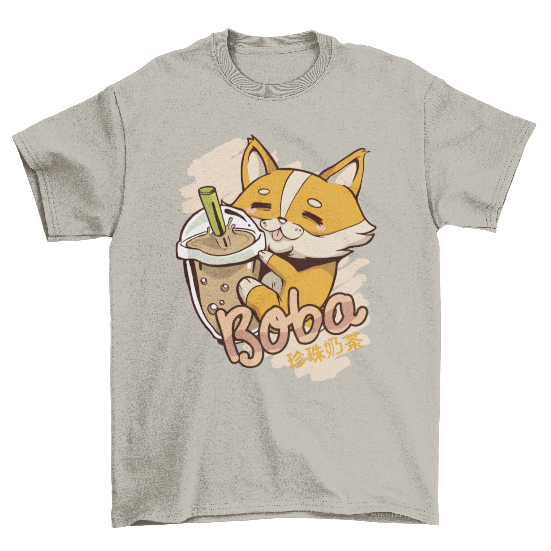 Corgi dog hugging a bubble tea cup with 'Boba' caption and Japanese letters.