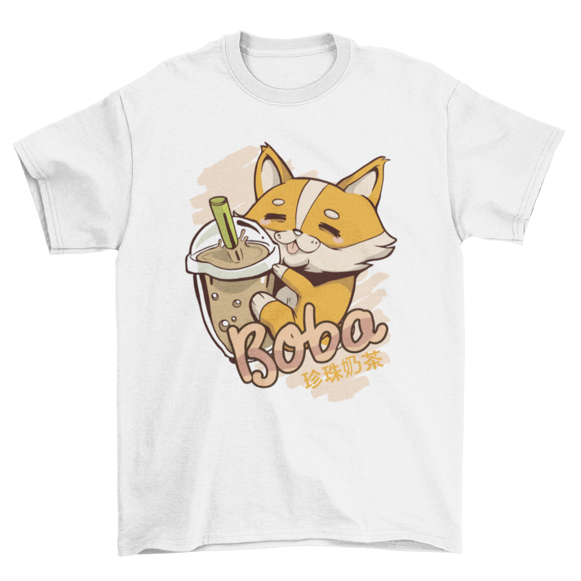 Corgi dog hugging a bubble tea cup with 'Boba' caption and Japanese letters.