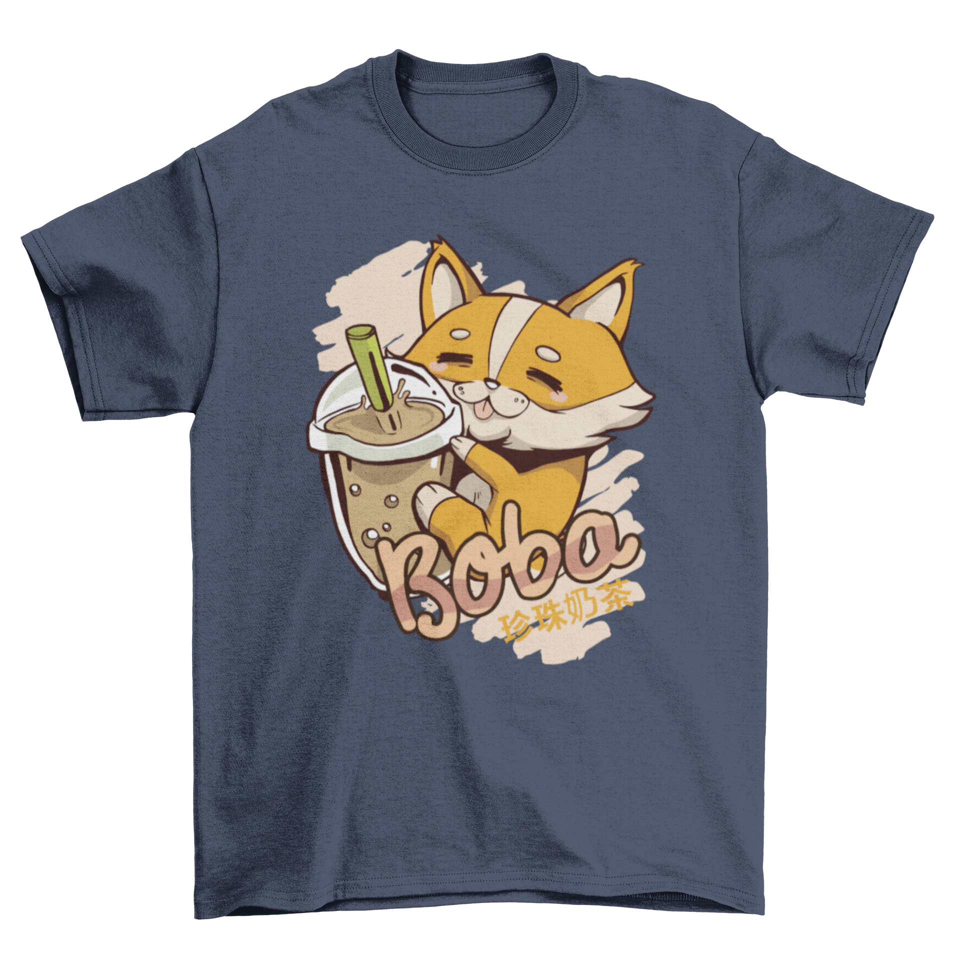 Corgi dog hugging a bubble tea cup with 'Boba' caption and Japanese letters.