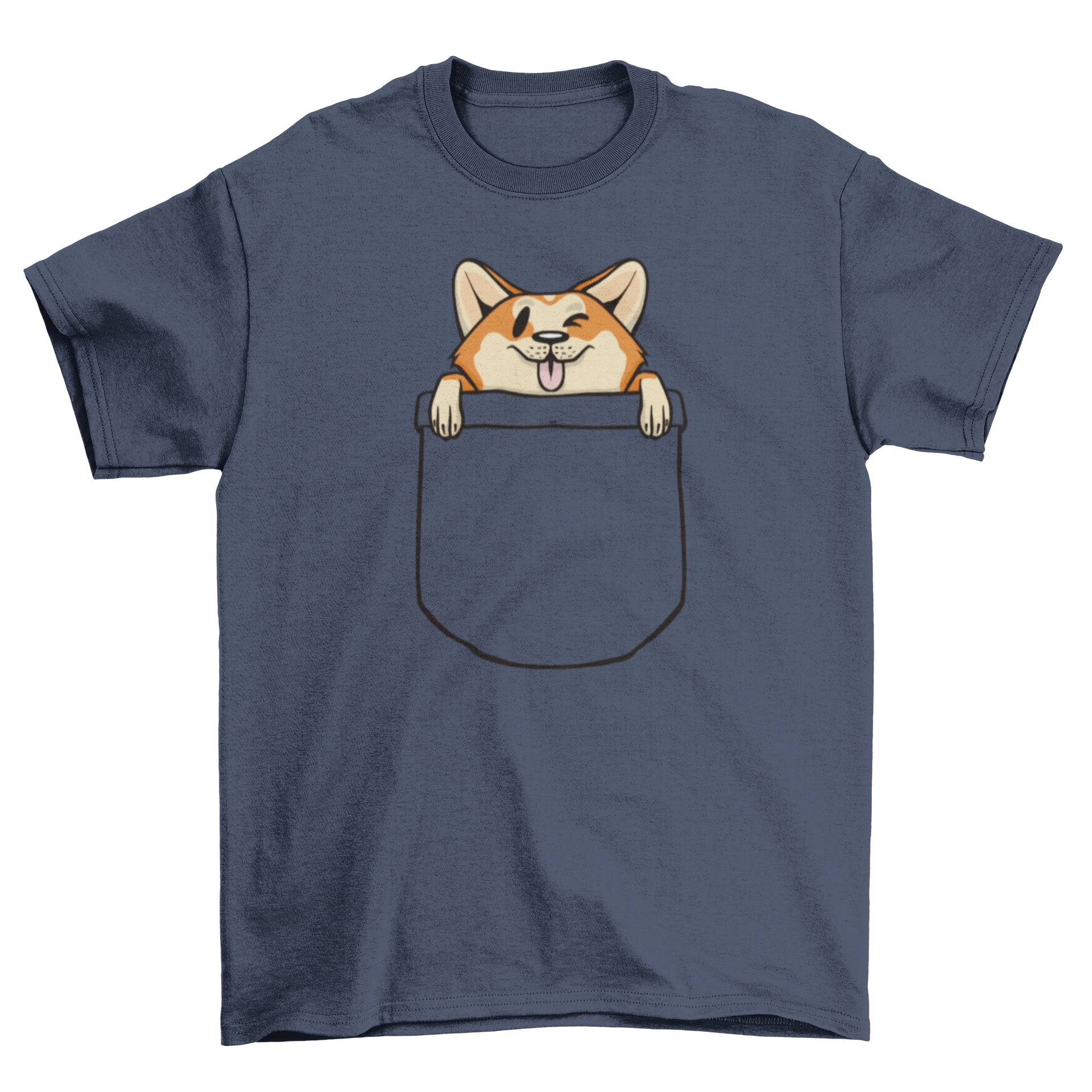 A stylish t-shirt featuring a cute corgi dog design in a pocket, perfect for dog lovers.